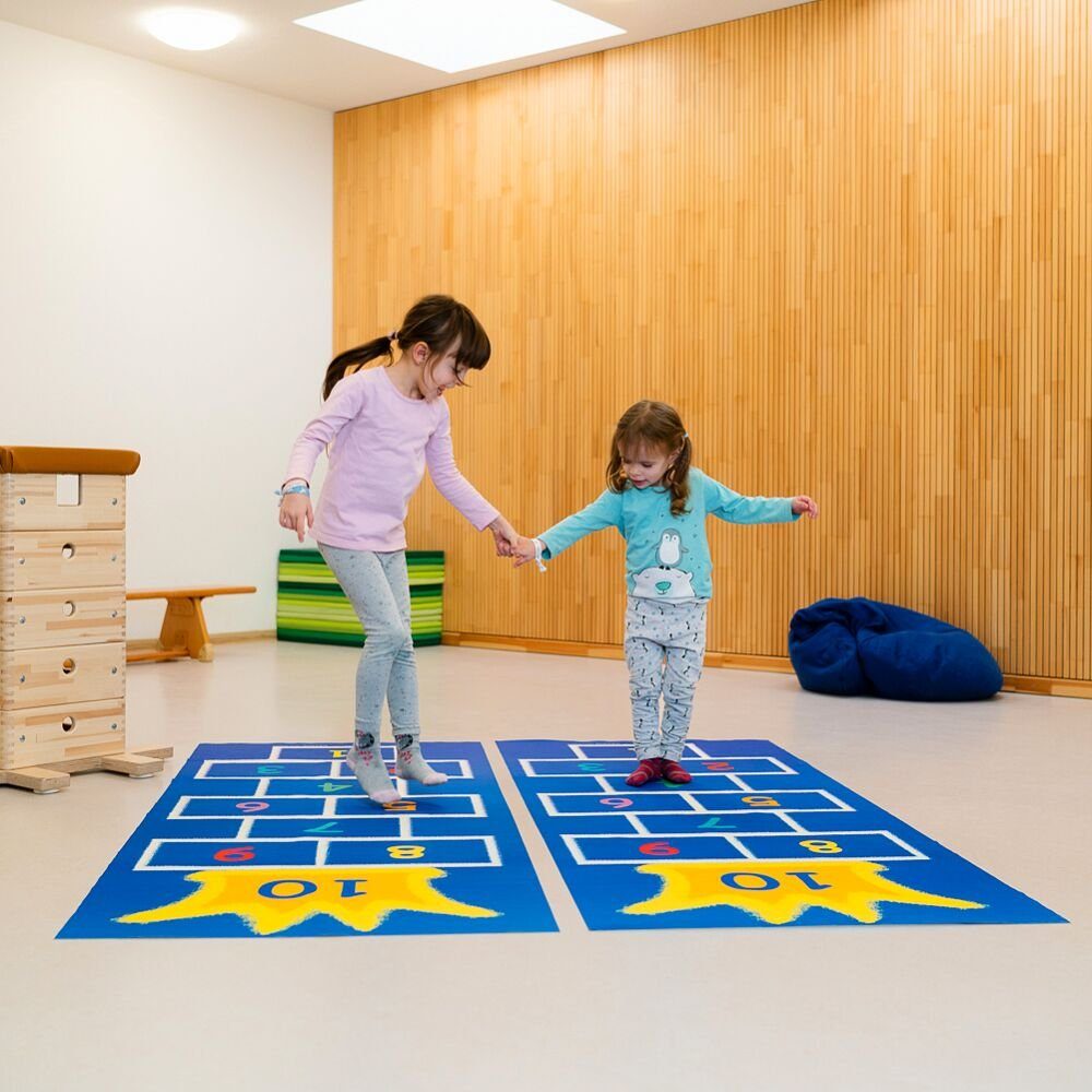 Würfelwelt Kinderteppich Spielteppich Hüpfkönig, Spielkarten für viele weitere Bewegungsmöglichkeiten