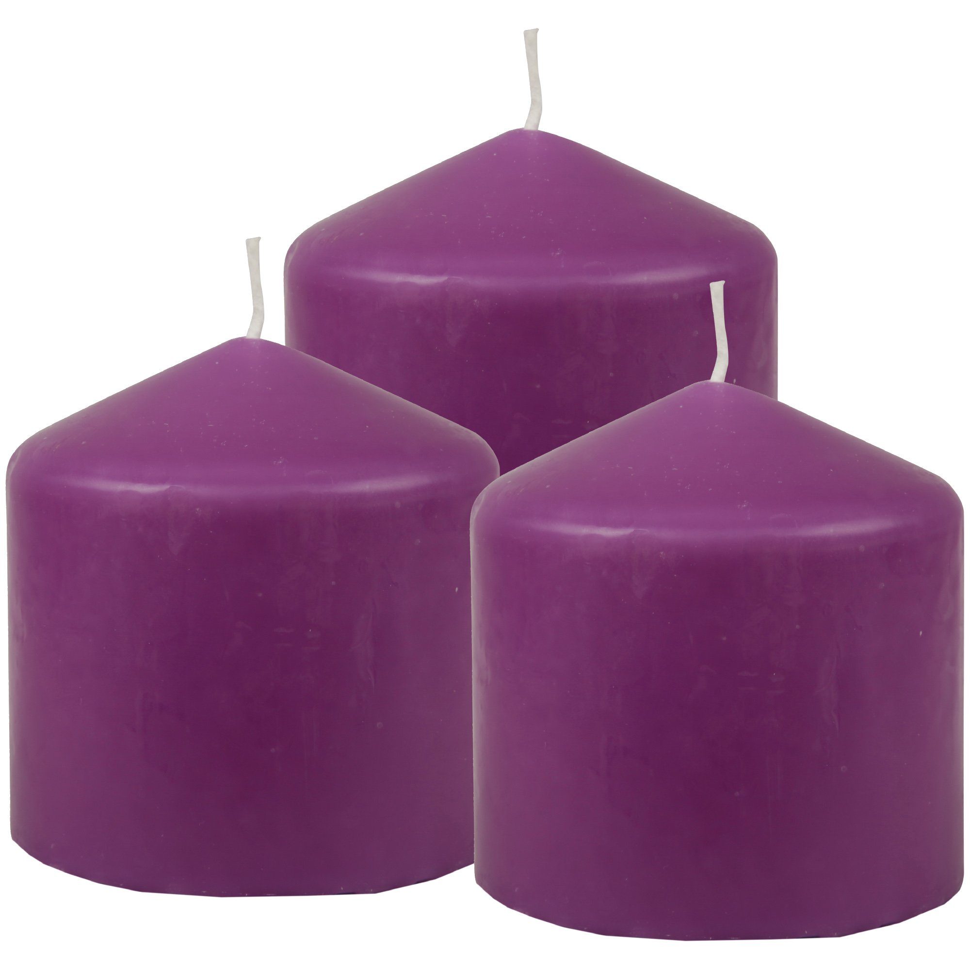 HS Candle Stumpenkerze Blockkerze (3-tlg), Wachskerzen Ø8cm x 8cm - Kerze in vielen Farben Violett