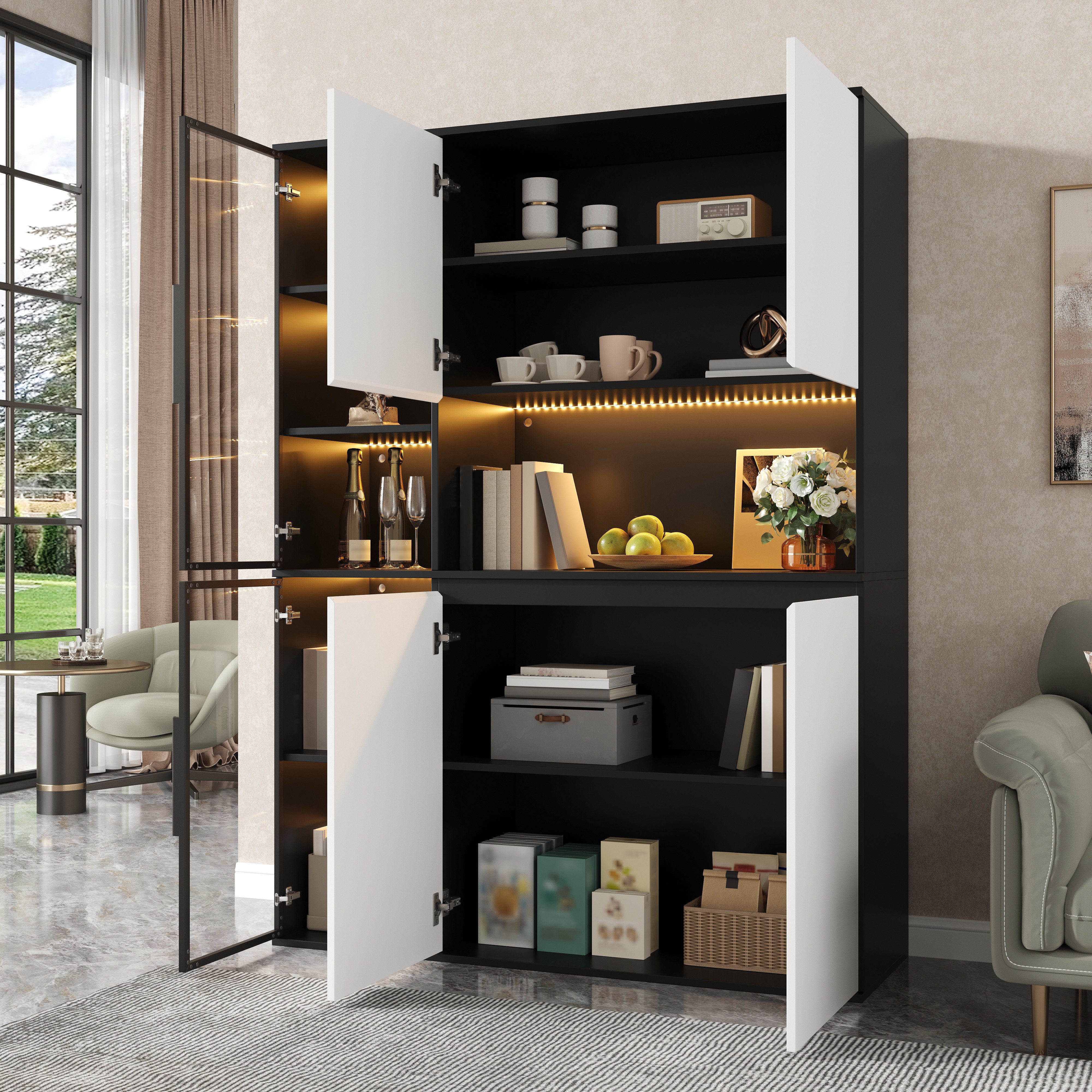 Merax Hochschrank mit LED Beleuchtung, Highboard Schrank Esszimmerschrank (1-St) Vitrine mit Glasfront, 4 Türen und großem Stauraum, 120x40x160cm