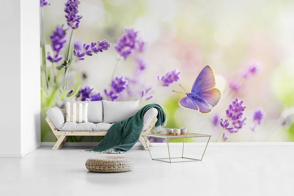 MuchoWow Fototapete Lavendel - Schmetterling Blumen bedruckt, St), - Schlafzimmer (7 Natur, Vliestapete - Wohnzimmer Küche, Fototapete für Matt