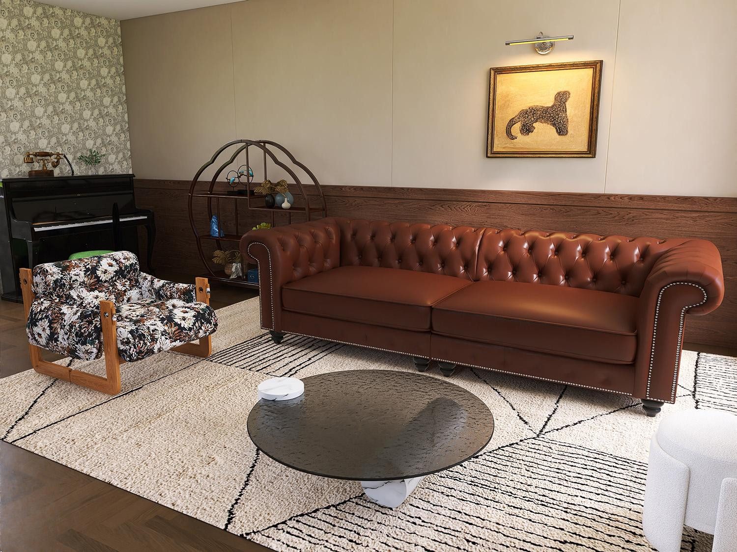 JVmoebel Chesterfield-Sofa Sofagarnitur 3+1 Sitzer Runder Couchtisch Elegante Wohnzimmer Set 3tlg, 3 Teile, Made in Europa