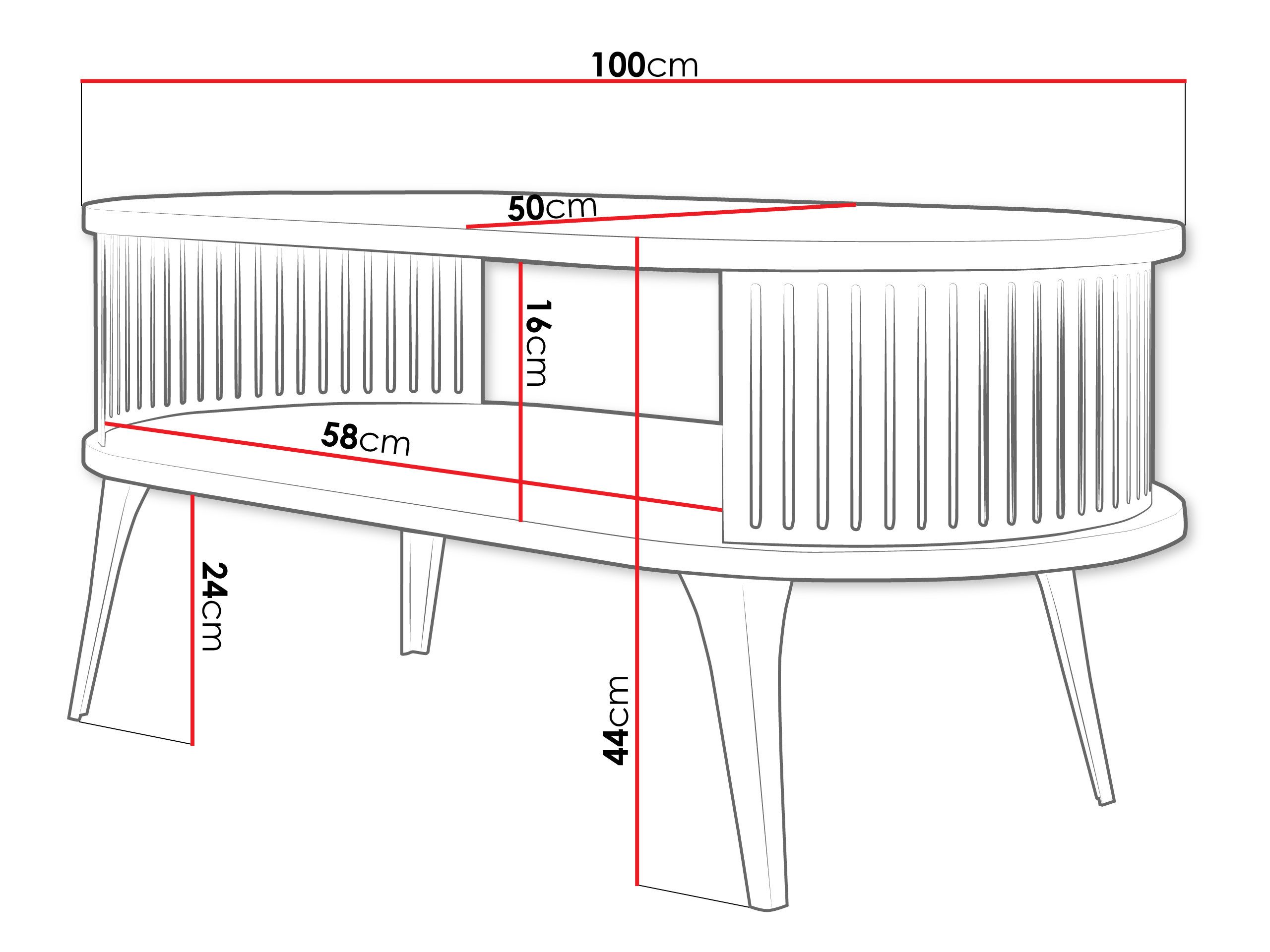 MIRJAN24 Couchtisch Roenni Oval (mit Regal), Beine und Seiten aus Stahl, 100x50x44 cm