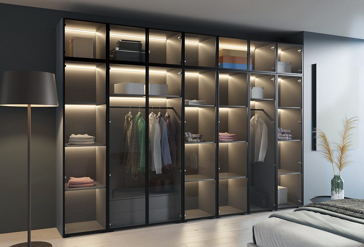 Compleo Drehtürenschrank mit LED-Beleuchtung, Glasfront, LED und Soft-Close mit 2 Schubladen 200 × 52 × 200 cm, Graphit, Rahmen Schwarz, pflegeleicht – Bild 2 von 3