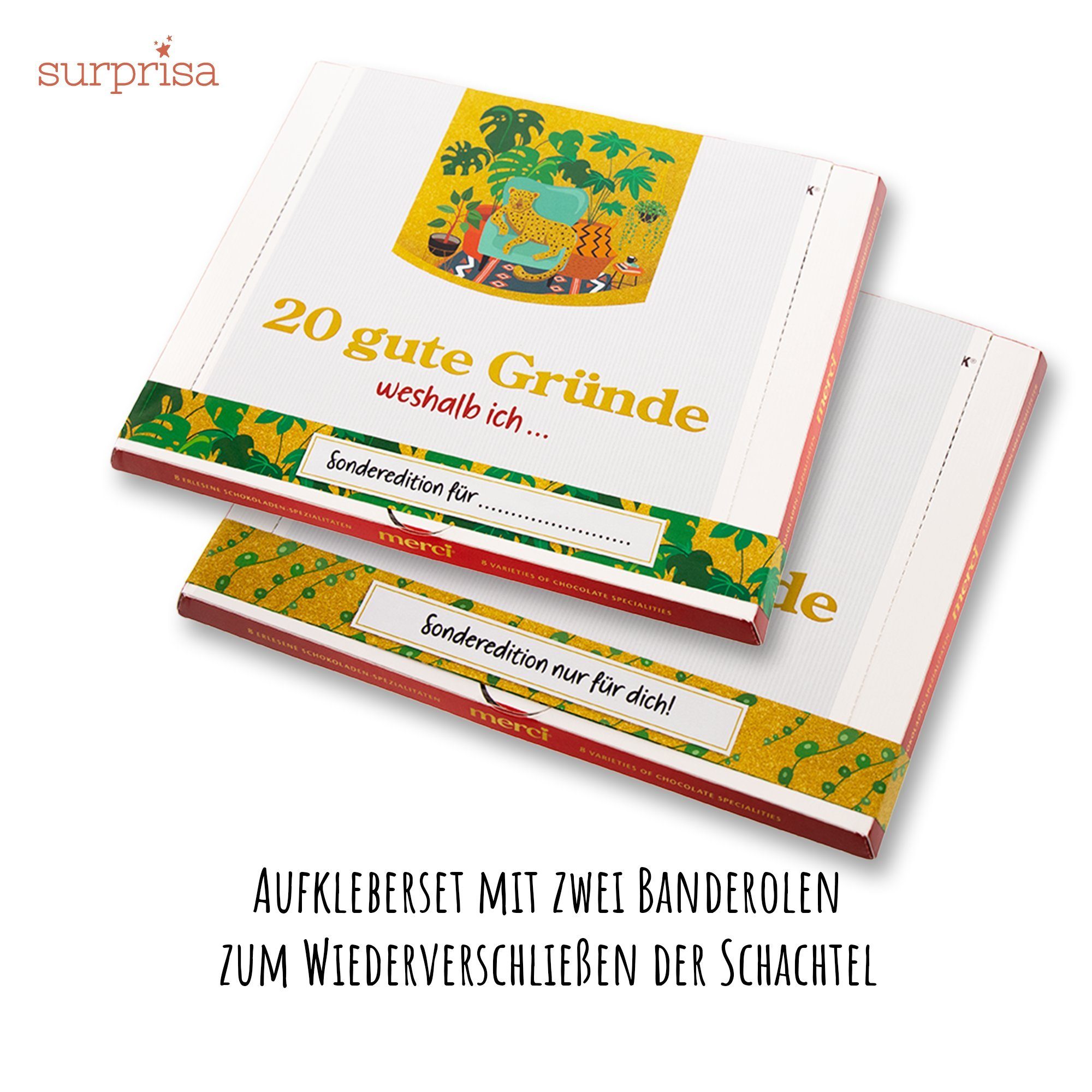 SURPRISA Aufkleber Aufkleber Set '20 Gründe' für Merci Schokolade, personalisierbare Sticker
