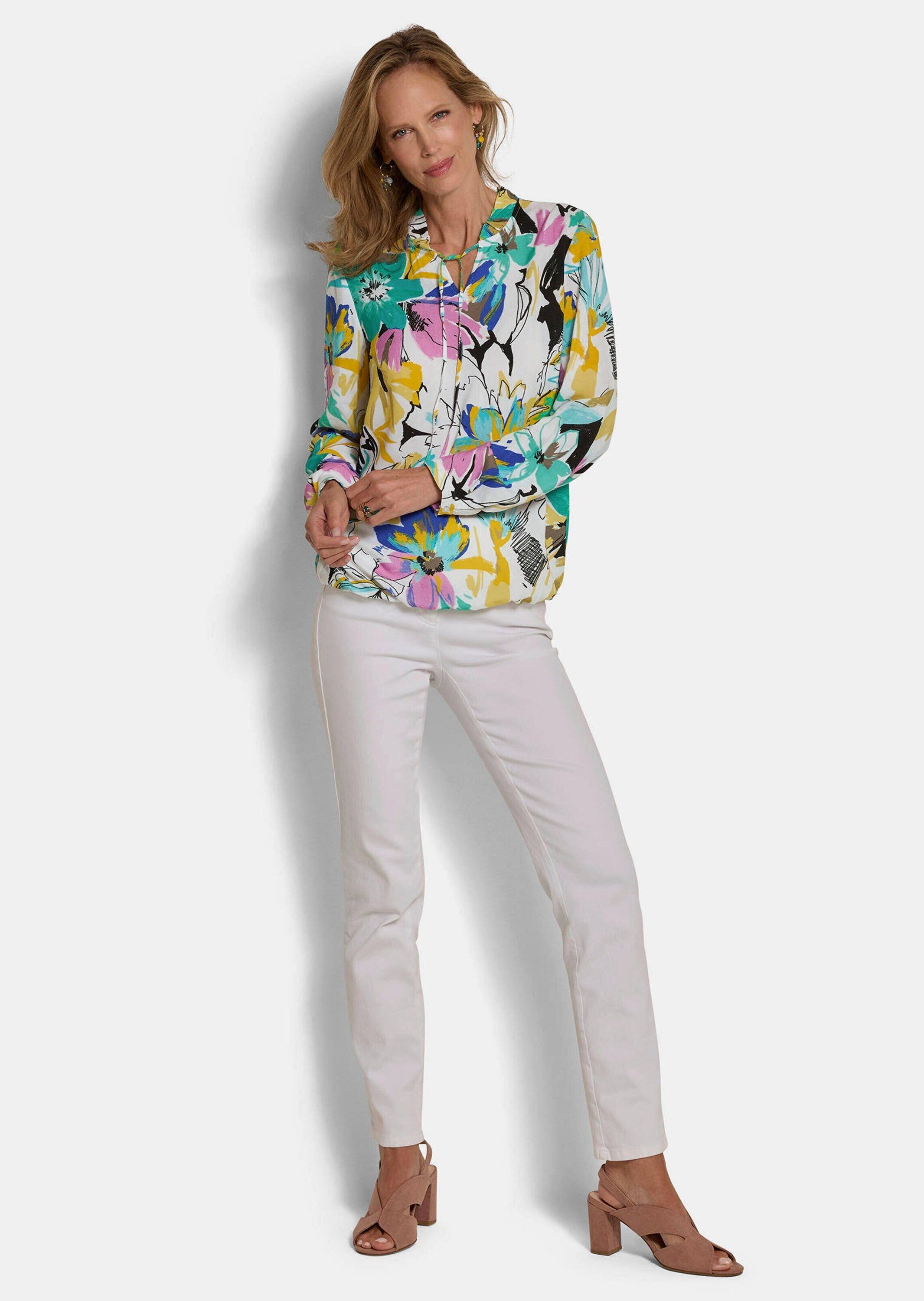 GOLDNER Schlupfbluse Viskosebluse mit Blumenprint Schlupfbluse mit Rüschenkragen, Gummibund und Langarm