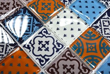 Mosani Mosaikfliesen Glasmosaik Retro Vintage Ornamente Mosaikfliesen weiß blau orange