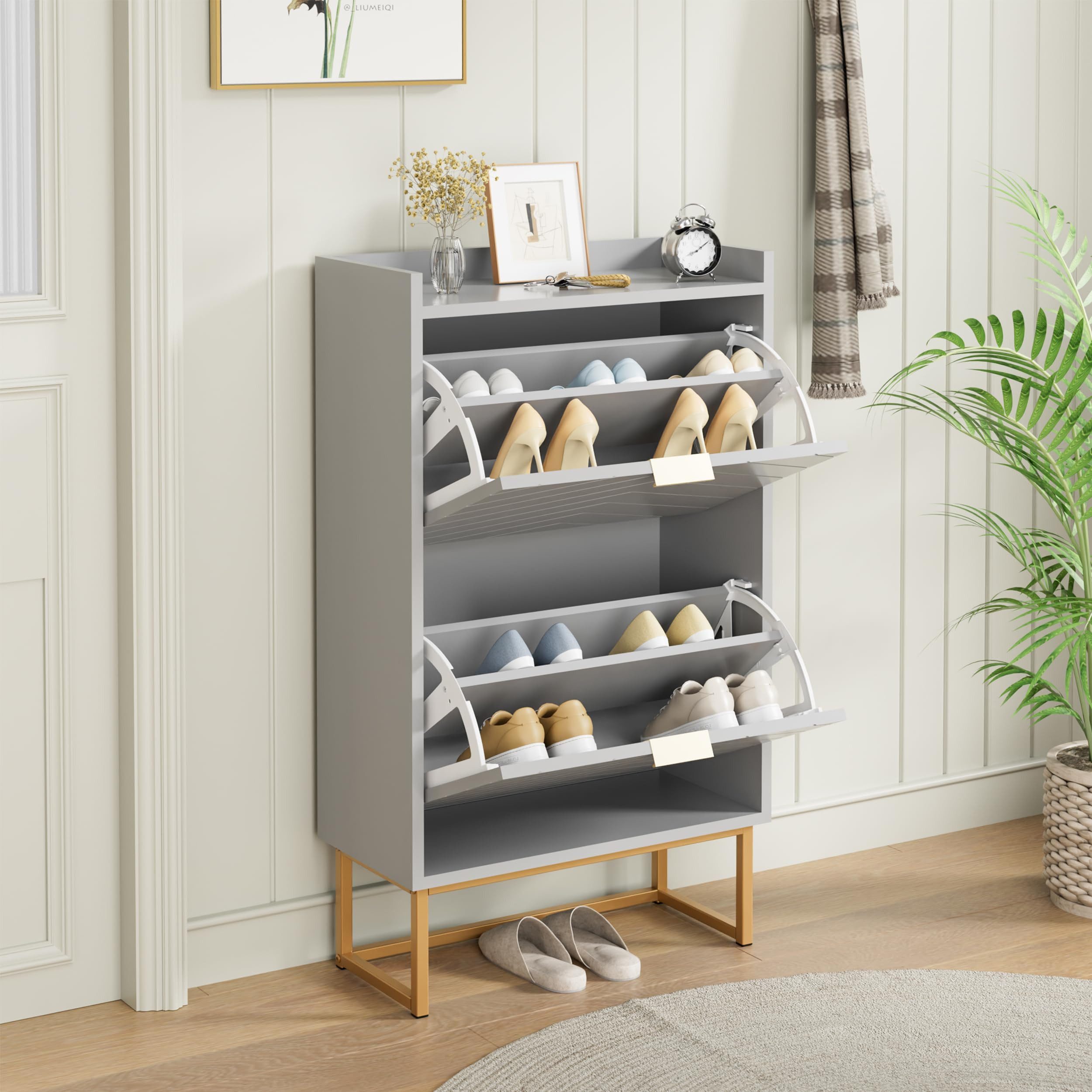 UEV Schuhschrank mit 2 Klappen, Schuhkipper Schmal, Schuhregal mit Metallfüße (50 x 24 x 103,5cm Modern Schuhaufbewahrung mit Oberplatte, Schuhkommode,Anti-Kipp-Vorrichtung für Eingangsbereich) trennwände verstellbar und abnehmbar für verschiedene Schuhtypen