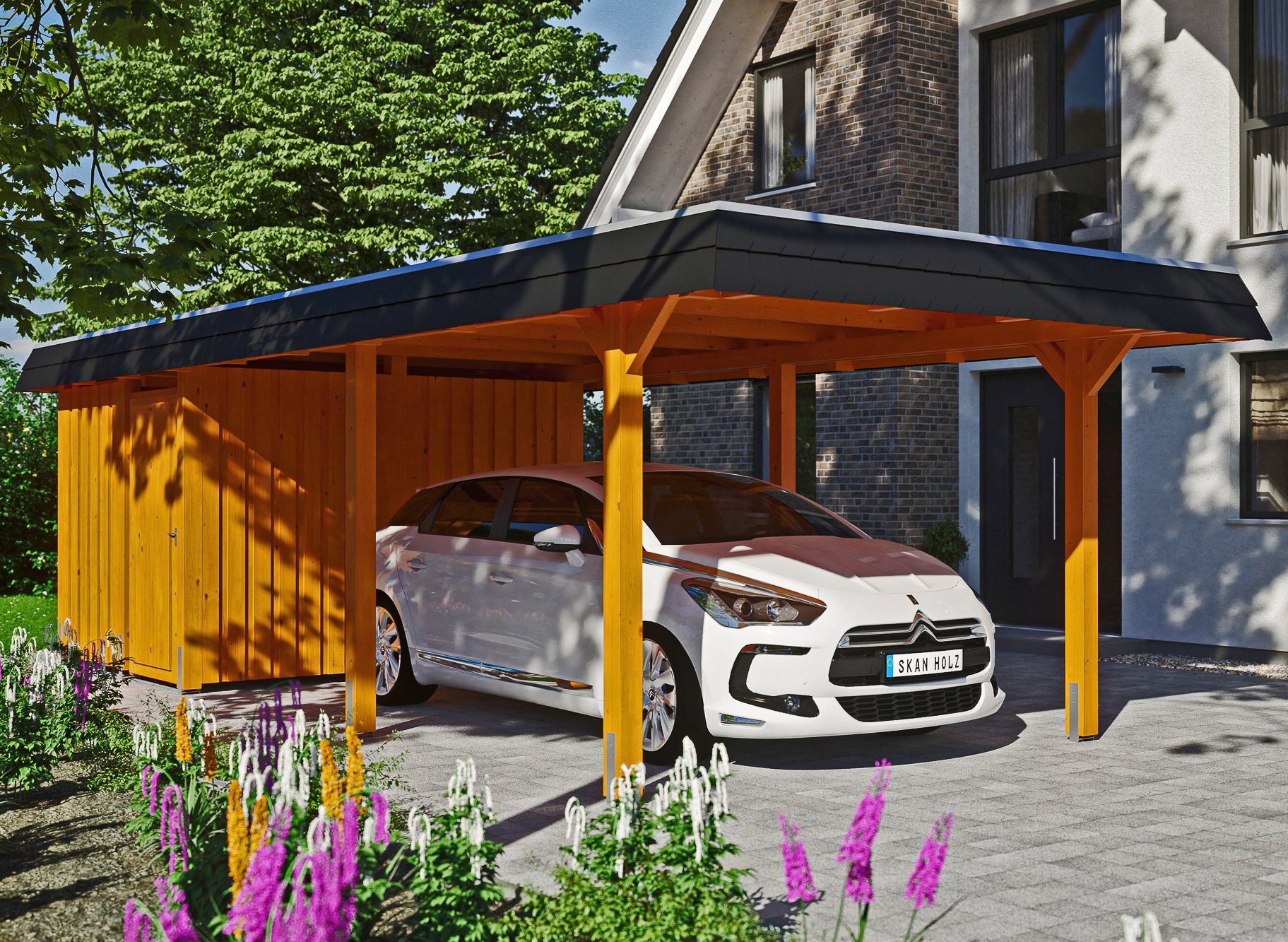 Skanholz Einzelcarport Wendland, BxT: 362x870 cm, 206 cm Einfahrtshöhe hellbraun | Carports