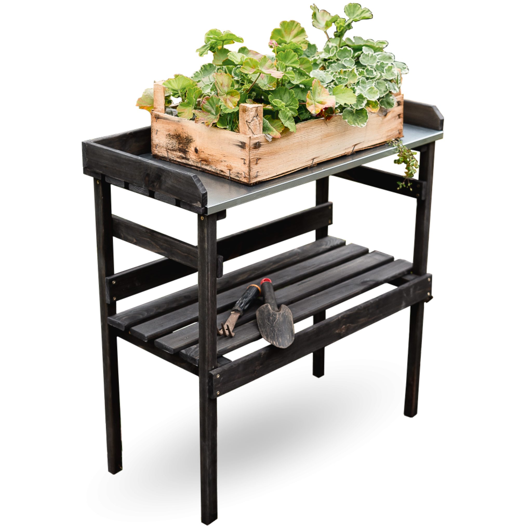 holz4home® Pflanztisch Gartentisch aus Holz für Gartenarbeiten & Pflanzen, Dunkler Look, Verzinkte Arbeitsplatte