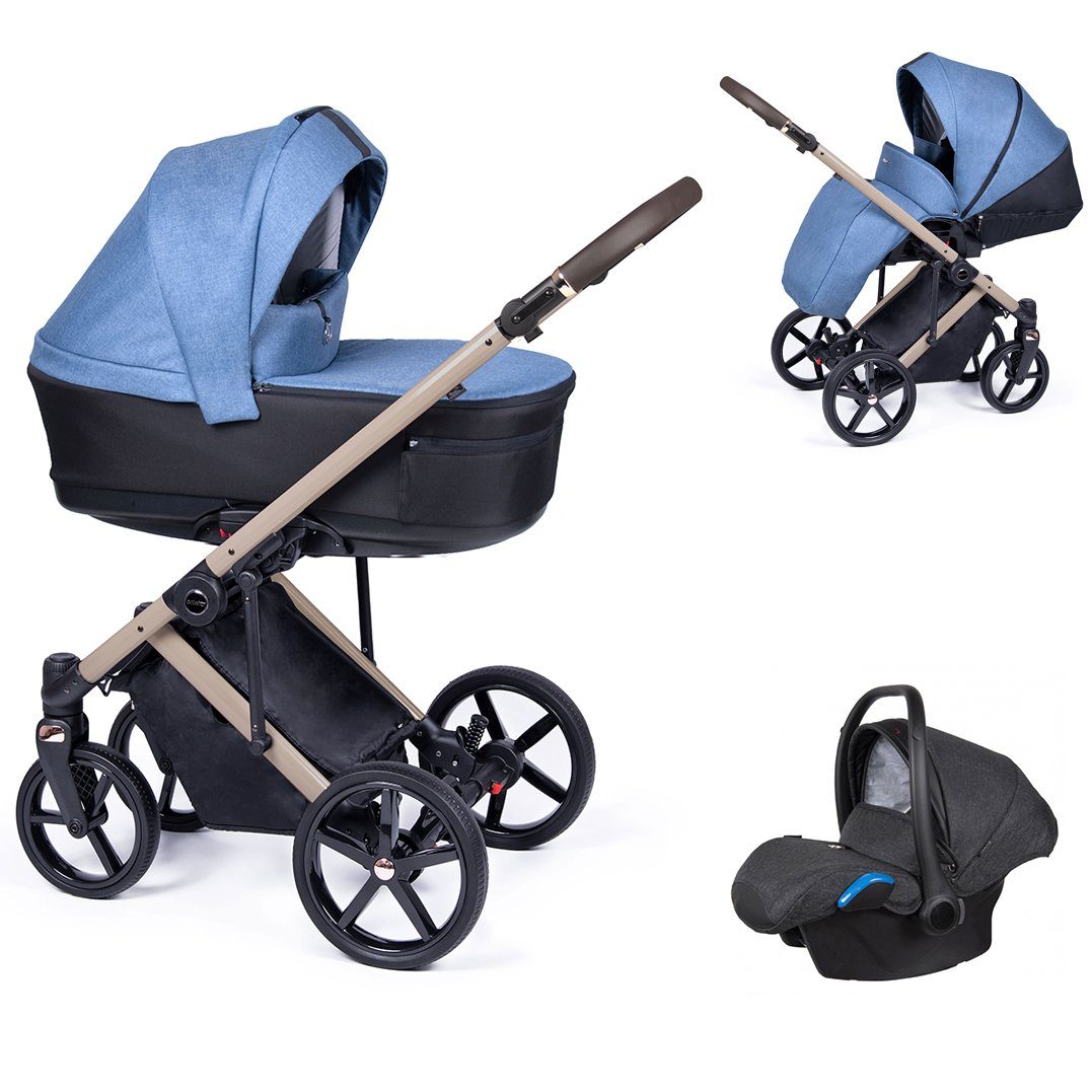 babies-on-wheels Kombi-Kinderwagen 3 in 1 Kinderwagen-Set Fado - 15 Teile - in 24 Designs Blau = Gestell beige