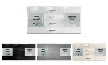 Vladon Sideboard Bari (Kommode mit 2 Türen, ​ 4 Schubladen und 2 flexible Glaseinlegeböden), Weiß matt/Creme Hochglanz (139 x 72 x 35)