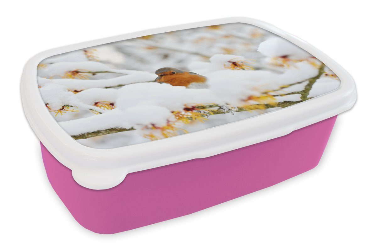 MuchoWow Lunchbox Mädchen, Kunststoff, Snackbox, Erwachsene, Zweig, Rotkehlchen Brotdose Brotbox Kunststoff Kinder, Schnee (2-tlg), rosa - - für