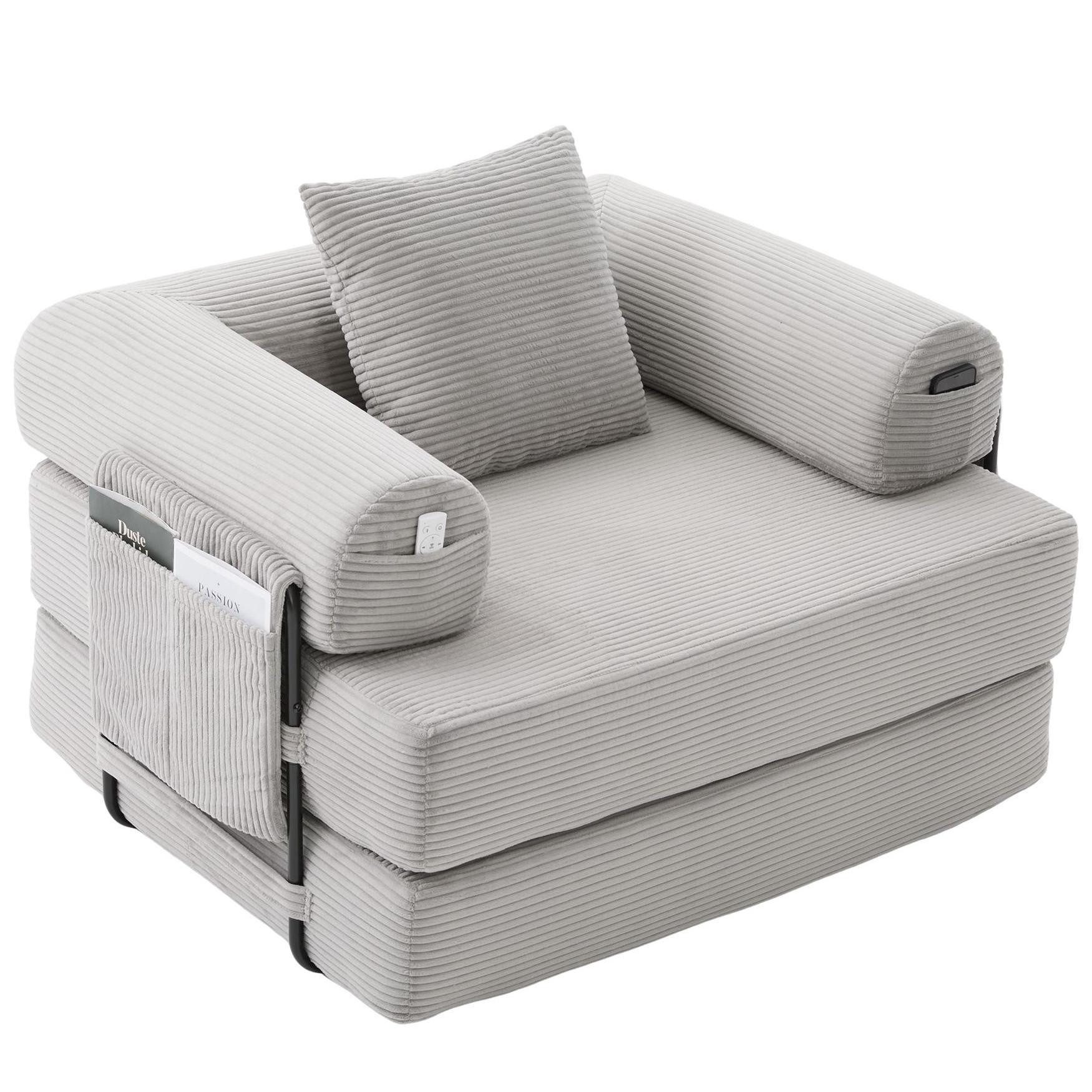LVHOM Loungesofa faltbar mit Schlaffunktion, Stabil-/abnehmbarer Außenrahmen aus Metall, frei kombinierbar, Liege- oder Klappsofa, 1 Kissen, Hochelastischer Schaumstoff, weicher Cordstoff, Praktische Seitentaschen zur Aufbewahrung, Ideal für flexible Raumgestaltung in Wohn- oder Kleinwohnungen, Tragfähigkeit 300kg, als Gästebett nutzbar,Arbeitszimmer/Wohnzimmer