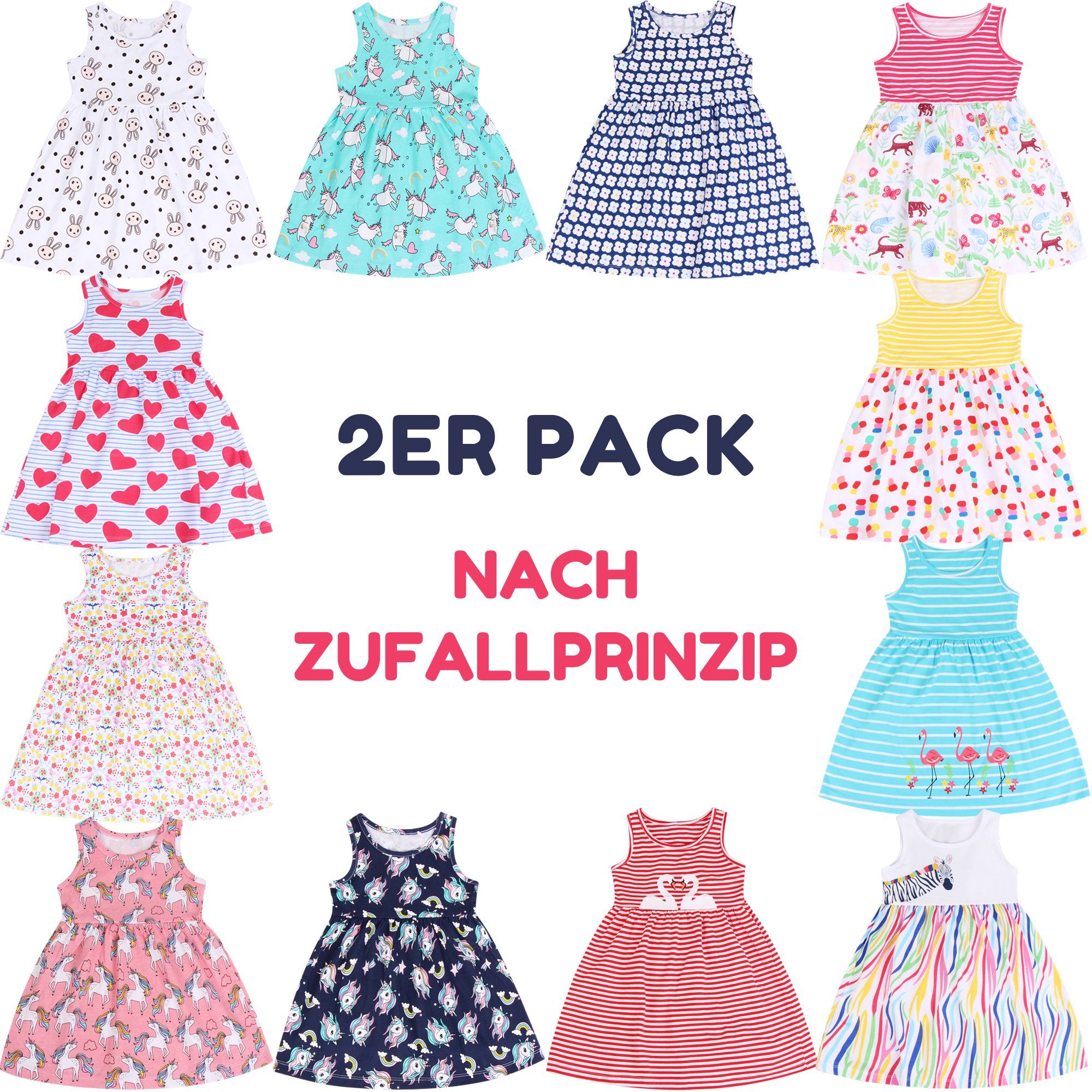 L&K-II Sommerkleid 5204 (2/3/4er-Pack) Sommerkleider Mädchen mit Einhorn Blumen Tieren Mustern 2er-Pack