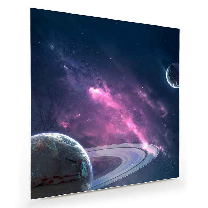 Primedeco Glasbild Wandbild Quadratisch Planeten und Wolken mit Aufhängung, Weltall