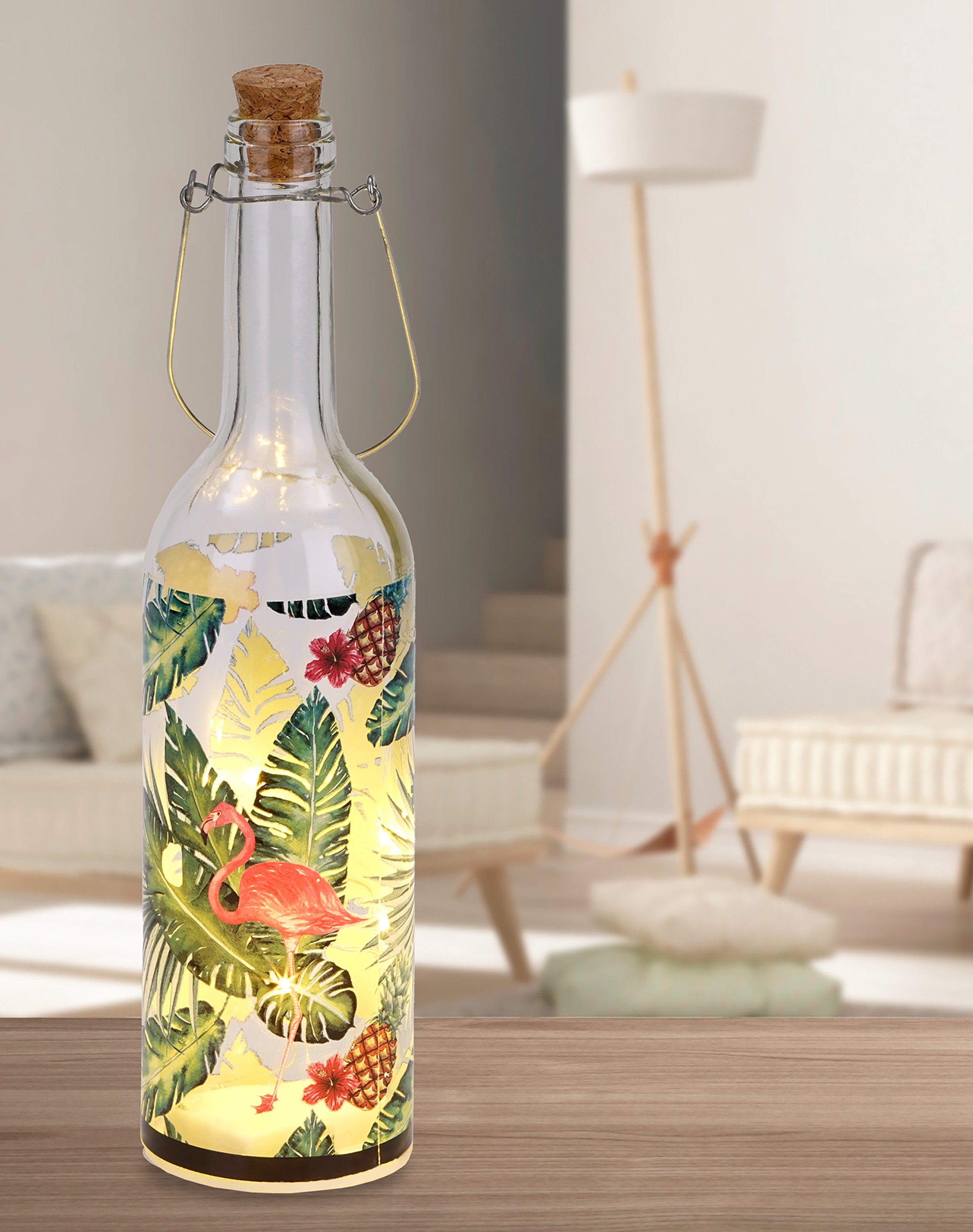 BRUBAKER LED Dekolicht Lichterflasche "Flamingo" mit 5 LED Sternen, LED Lichterkette, Warmweiß, Dekoleuchte mit Motivaufdruck, Party Licht Deko, Höhe 28 cm