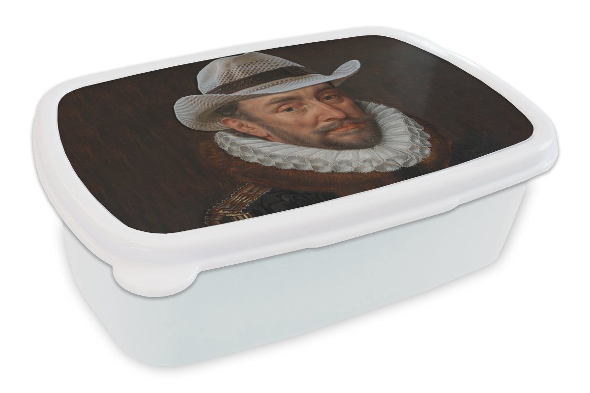 MuchoWow Lunchbox Wilhelm von Oranien - Adriaen Thomasz - Cowboyhut, Kunststoff, (2-tlg), Brotbox für Kinder und Erwachsene, Brotdose, für Jungs und Mädchen weiß