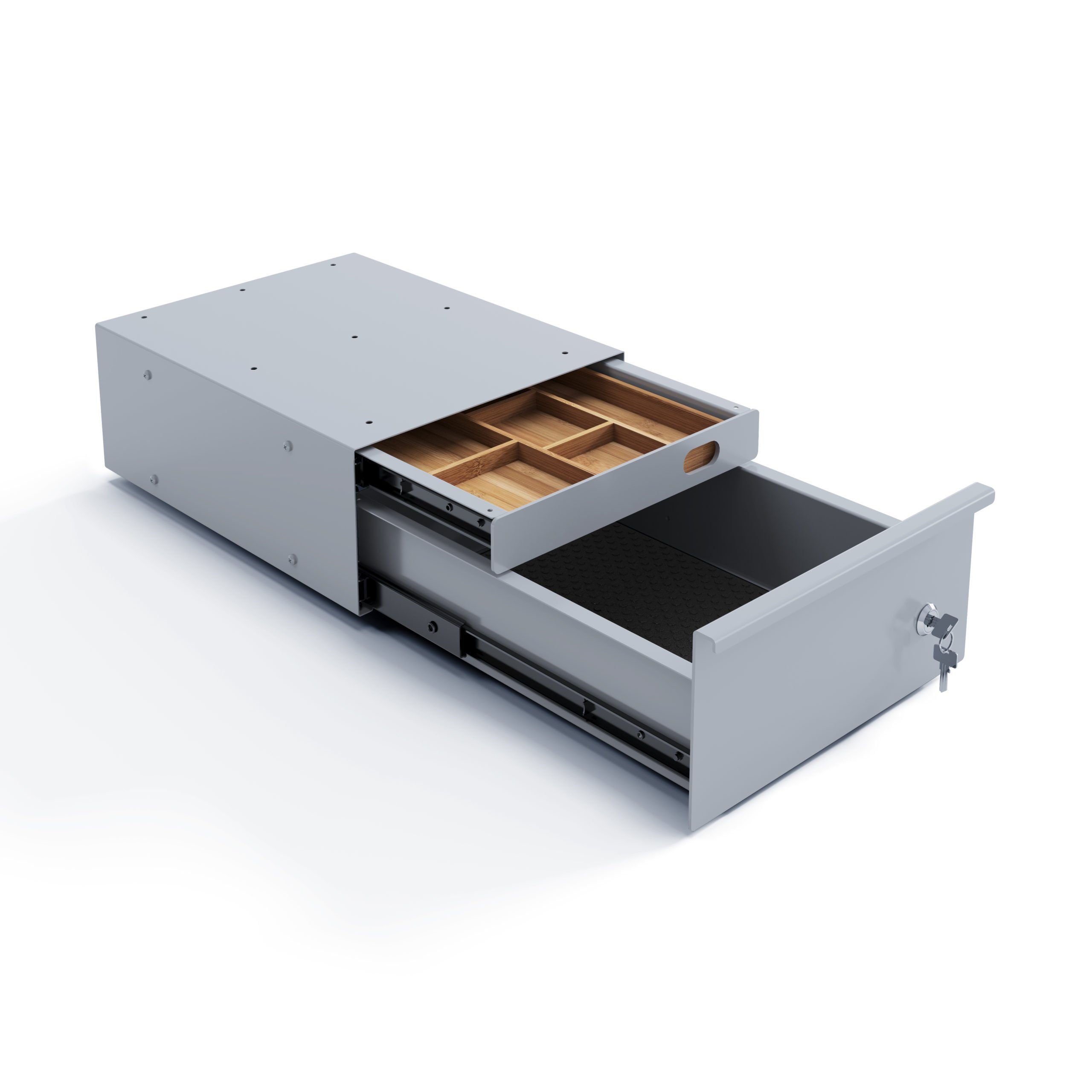 Actiforce Schubladenbox DUO PRO, (Schreibtisch Unterbauschublade, Stiftablage, Organizer, Schubladenauszug, Utensilien-Auszug, Vollauszug, inkl. Bambus-Einlage), zur Befestigung unterhalb der Arbeitsplatte mit praktischer Einlage