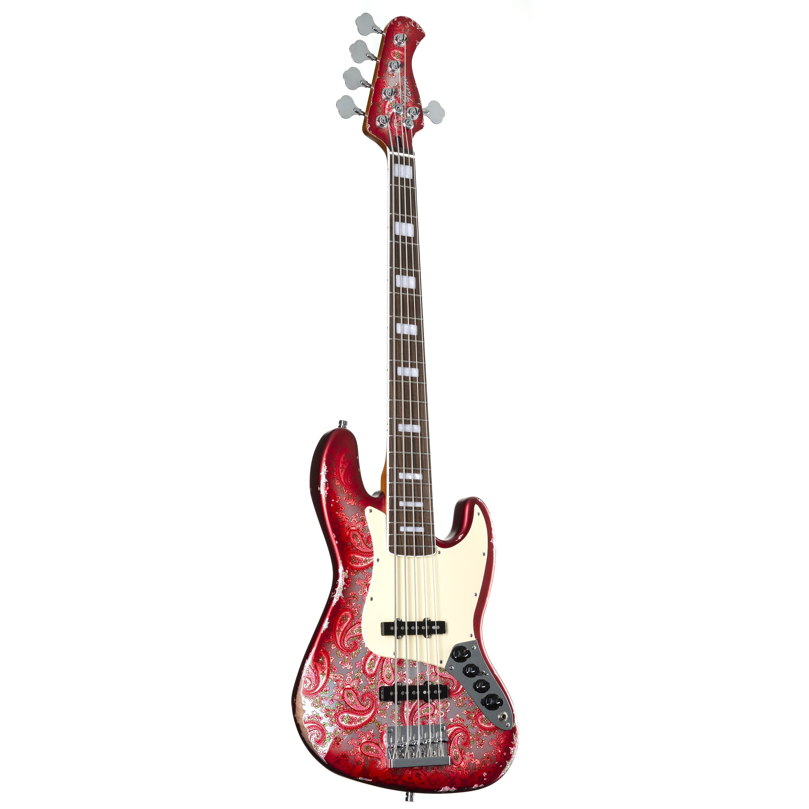 FAME E-Bass, Електричні баси, 5-Saiter Електричні баси, Custom JB 5 Worn Candy Apple Red over Pink Paisley - E-Bass