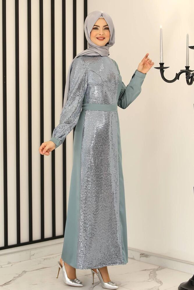 Modavitrini Paillettenkleid Damen Abiye Kleid Fashion Hijabmode Minze Silber silbernes Modest Abendkleid Pailletten