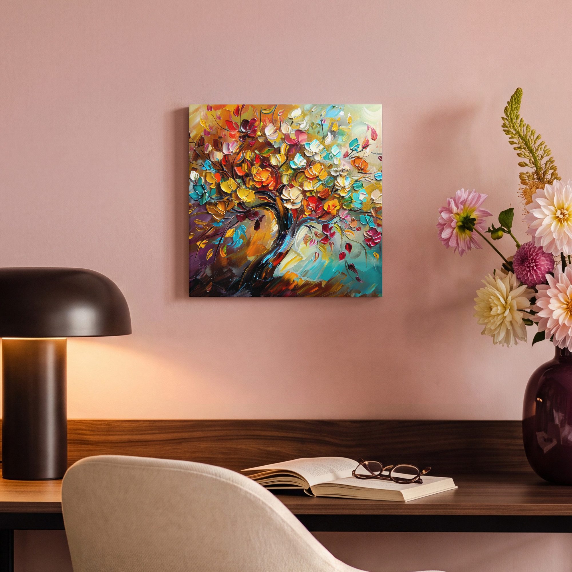 OneMillionCanvasses® Leinwandbild Baum - Abstrakt - Farbenfroh - Blumen, Fotodruck (1 St), Wandbild, Deko Schlafzimmer Wohnzimmer Flur 20x20 cm – Bild 4 von 5