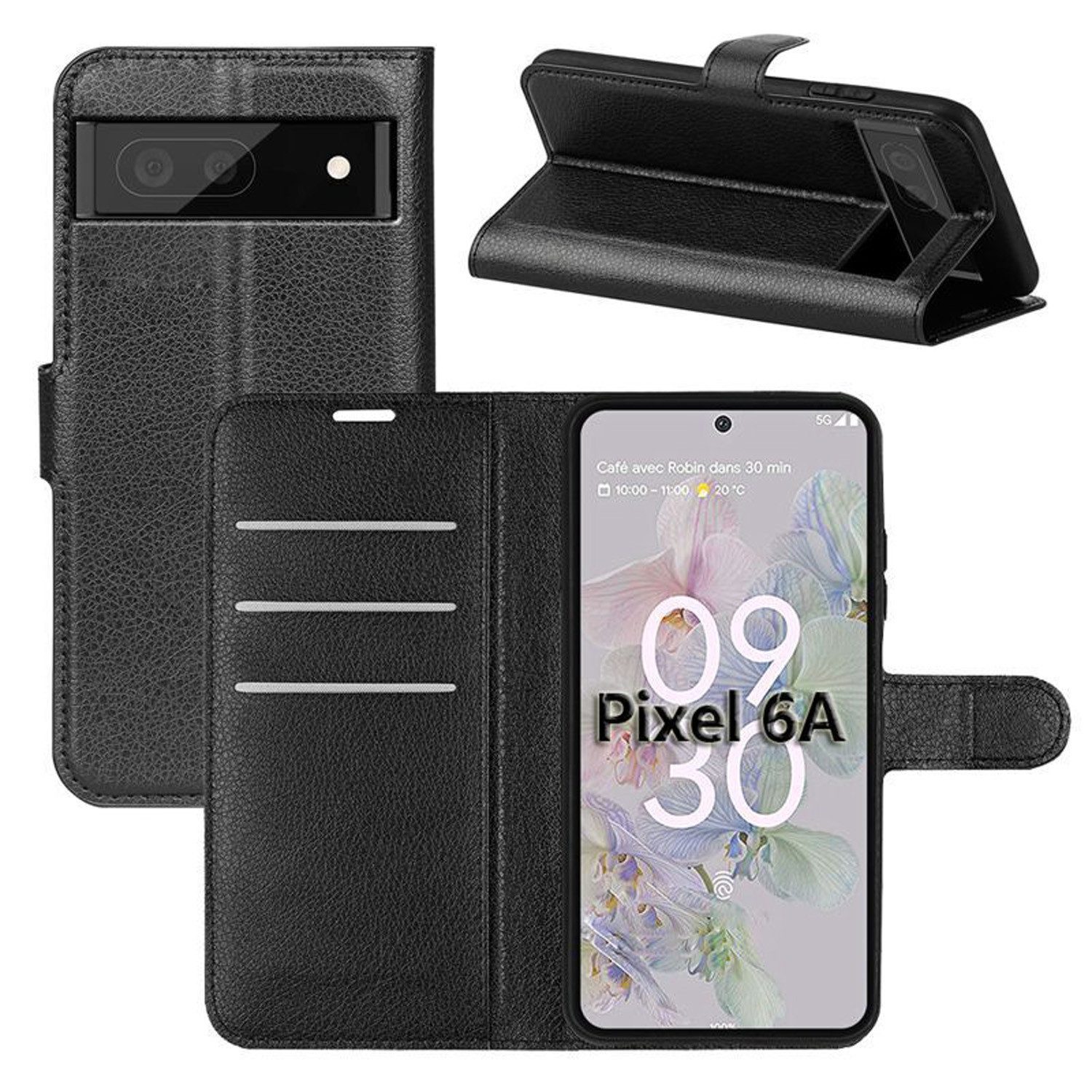 betterfon Handyhülle Handytasche für Google Pixel 6A Klapphülle Schwarz, 3 Kartenfächer, Magnetverschluss & Standfunktion im Lederlook
