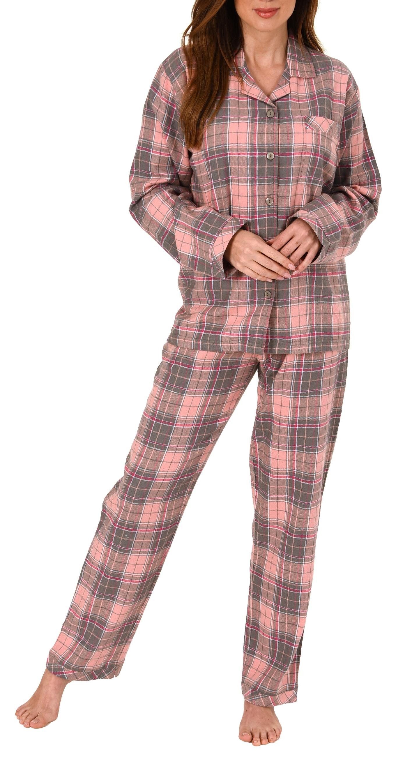 Normann Pyjama Damen Flanell Schlafanzug kariert mit Knopfleiste und Hemdkragen