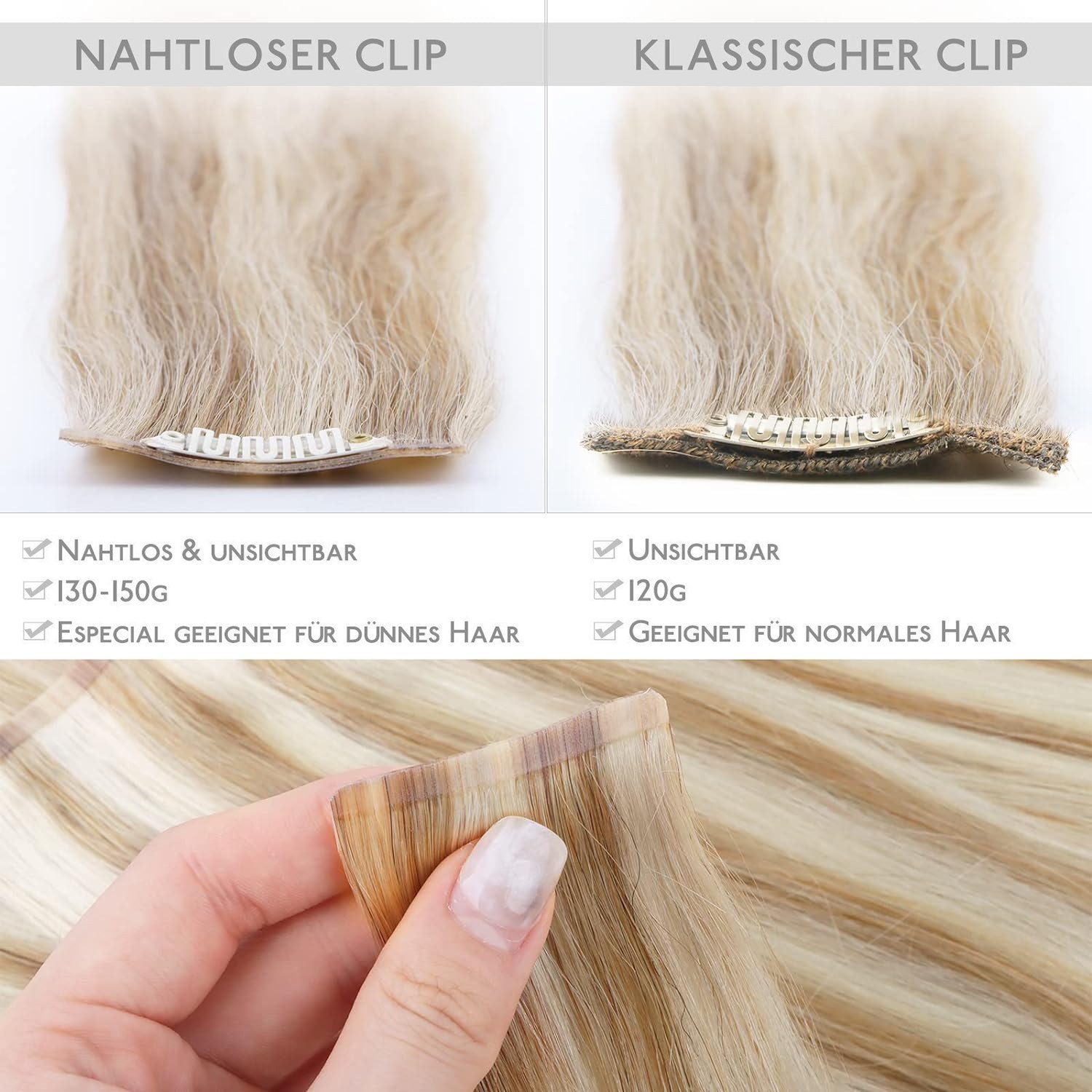 Wennalife Clip-In-Haarverlängerungen,Gebleichtes Echthaar-Extension Blond Nahtlose schmutziges