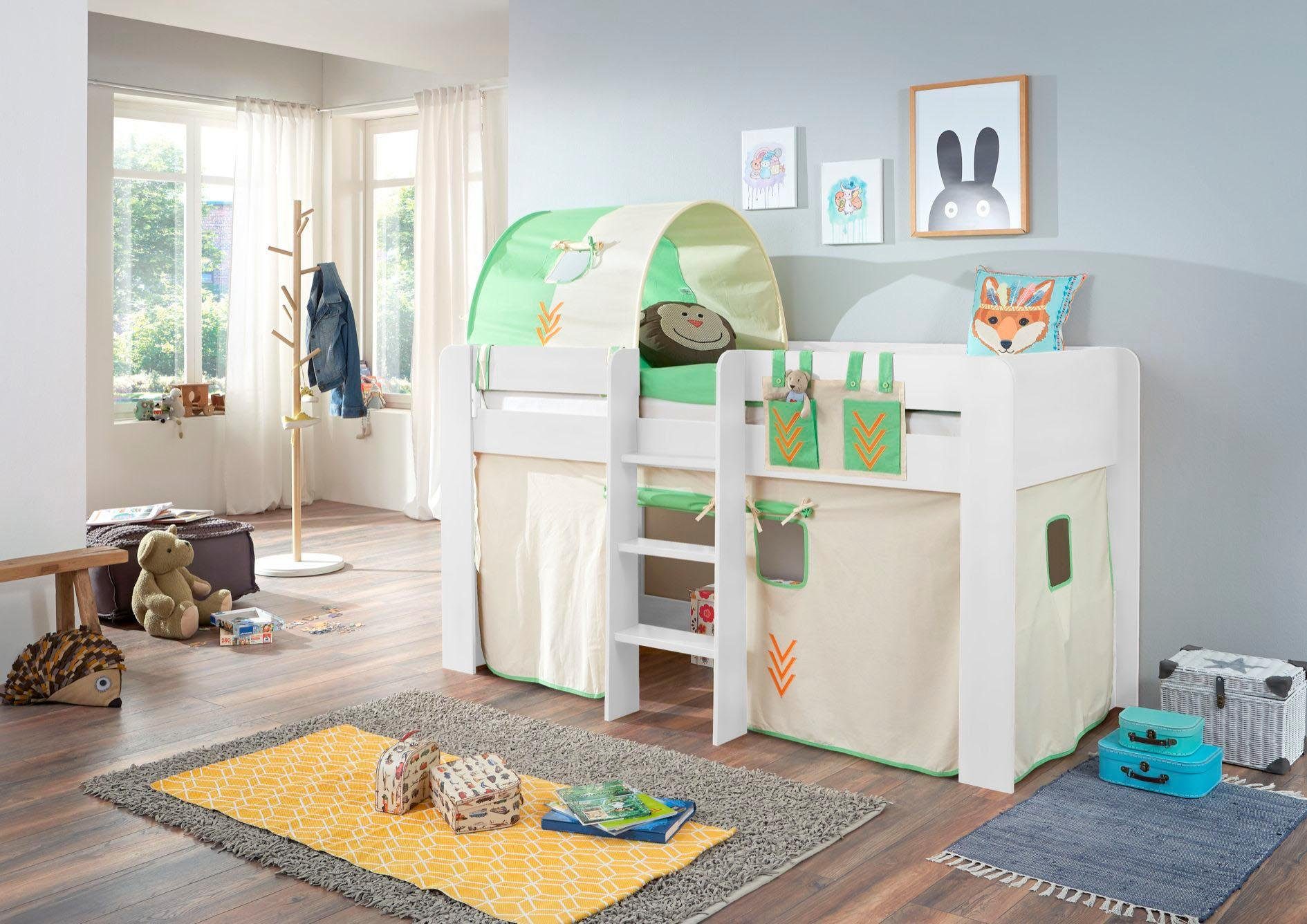 Relita Hochbett Andi mit Rolllattenrost, Textil-Set und Leiter, pflegel. Dekor Oberfläche