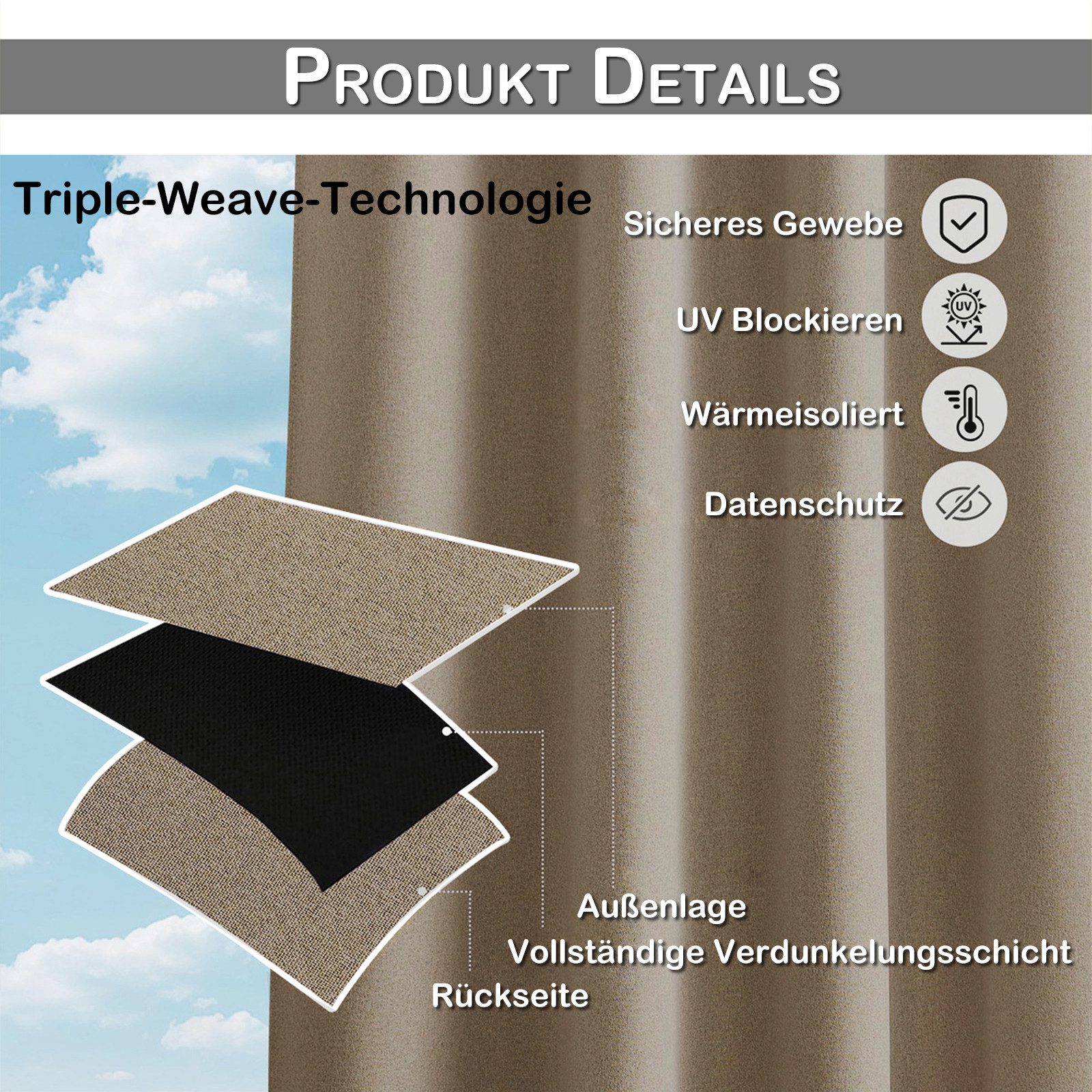 Rosnek Outdoorvorhang 100% Blickdicht & Wasserdicht - Verdunklungsvorhang mit Ösen, Sonnenschutz Sichtschutz für Balkon Terrasse, Leinenoptik Taupe/Grau – Bild 4 von 5
