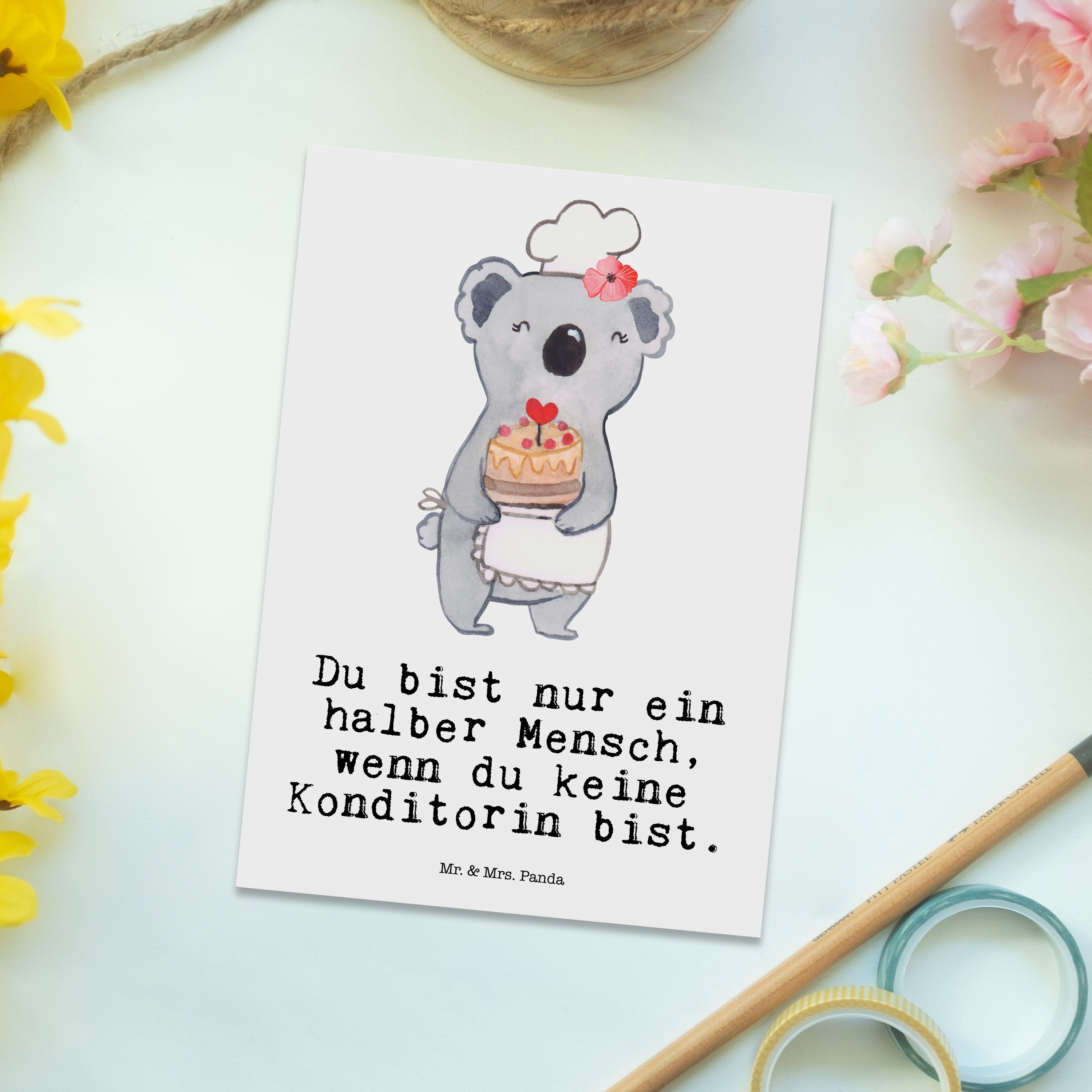 Mr. & Einladung, Herz Postkarte mit Patissier Geschenk, Panda - Mrs. Bäckerin, Konditorin - Weiß
