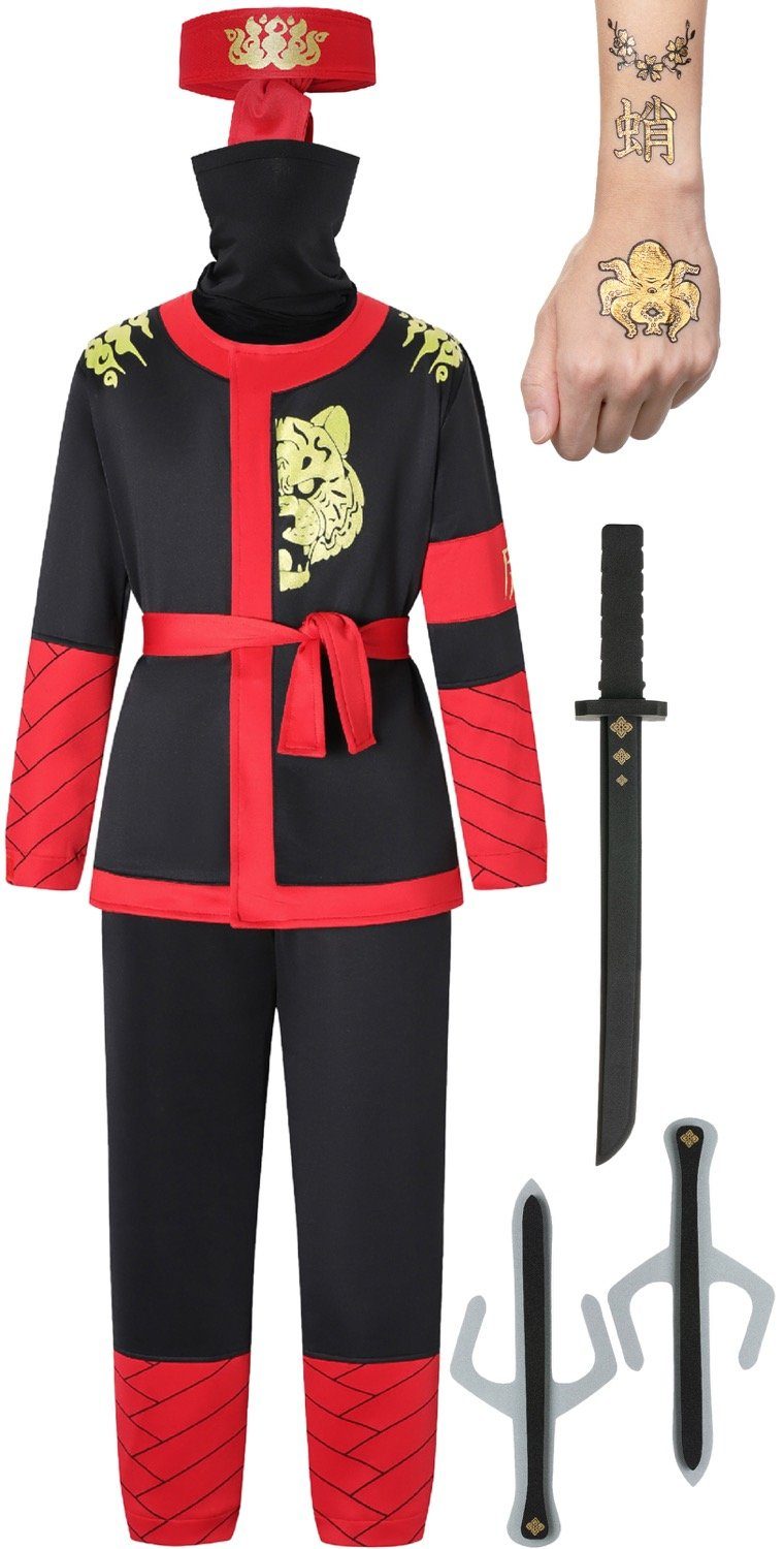 Corimori Kostüm Ninja-Kostüm für Kinder (Jungen und Mädchen) mit Zubehör (Katana-Schwe, Katana-Schwert, Dolche, Stirnband, Maske, Tattoos, Rot S 98-110 cm