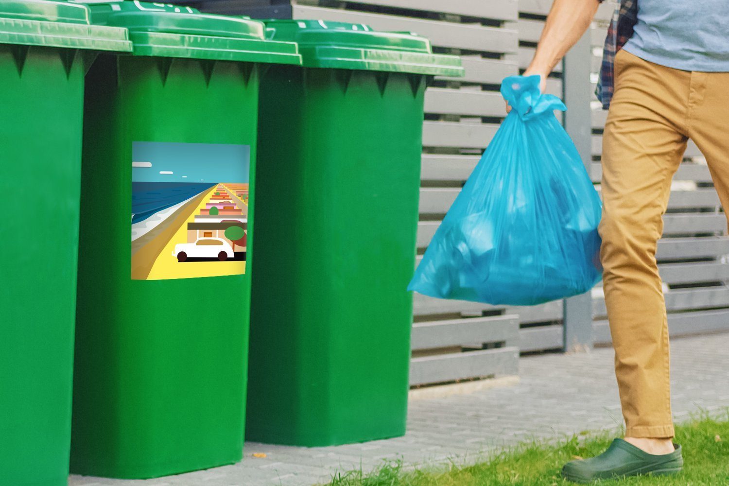 Container, Sticker, Mülltonne, (1 Mülleimer-aufkleber, Illustration amerikanischen Autos von Wandsticker Nähe der in eines Abfalbehälter Strandhäusern MuchoWow St),