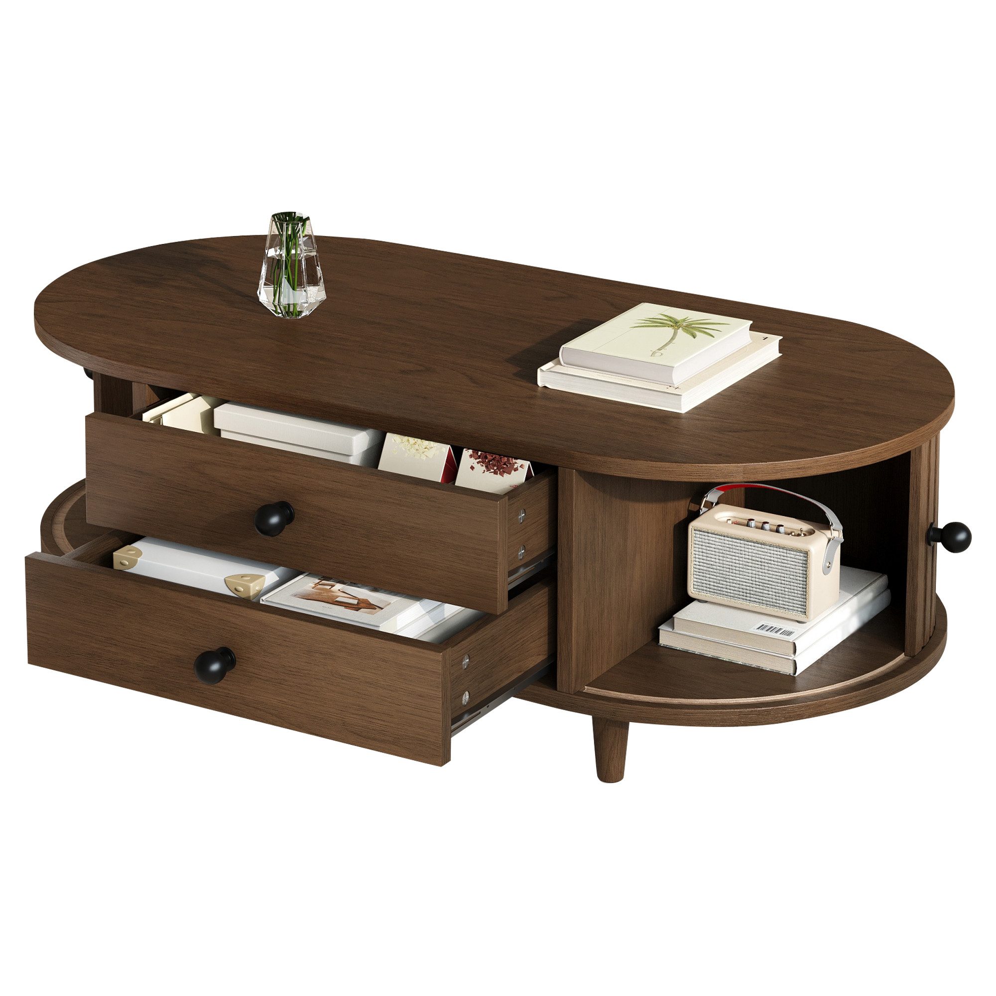 Merax Couchtisch Sofatisch oval Beistelltisch mit Massivholzbeinen (1-St), Wohnzimmertisch mit Rolltüren, 2 Schubladen & Stauraum, 100x50x36cm