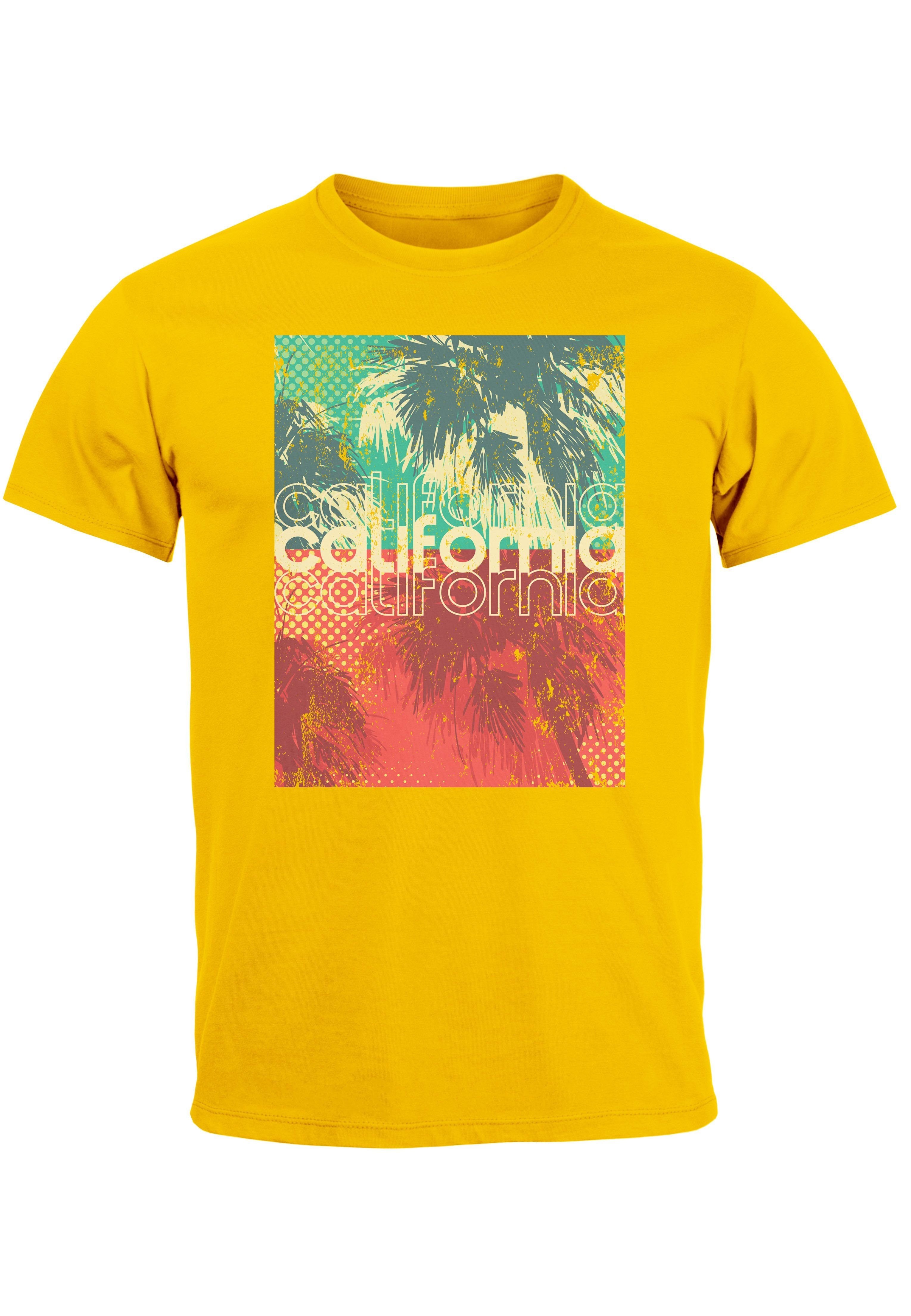 Neverless Print-Shirt Herren T-Shirt Top California Palmen Sommer Foto Print Aufdruck Abstra mit Print gelb