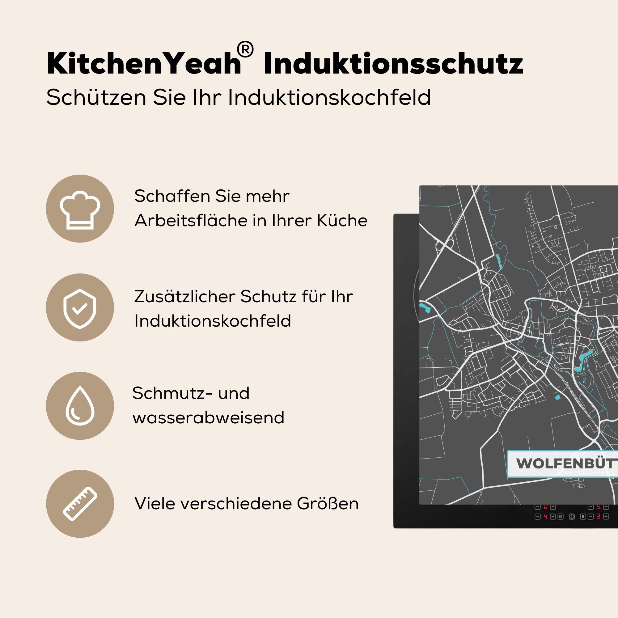 für Ceranfeldabdeckung, Arbeitsplatte Stadtplan küche Wolfenbüttel Vinyl, Herdblende-/Abdeckplatte MuchoWow Deutschland, Karte Blau cm, 78x78 - (1 - - - tlg),