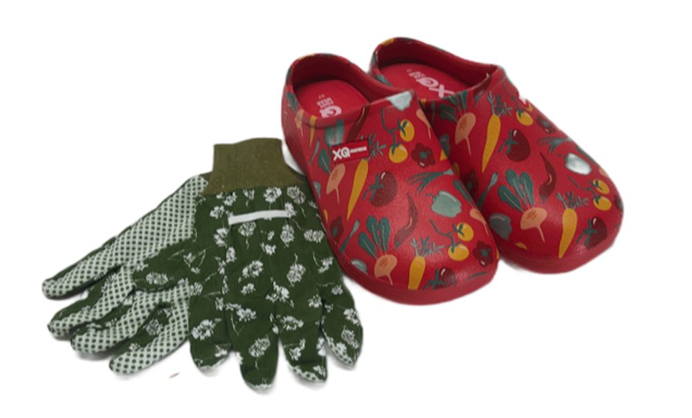 Steinnacher Bärbel Damen Gartenclogs Gemüse rot mit passenden Gartenhandschuhen Clog