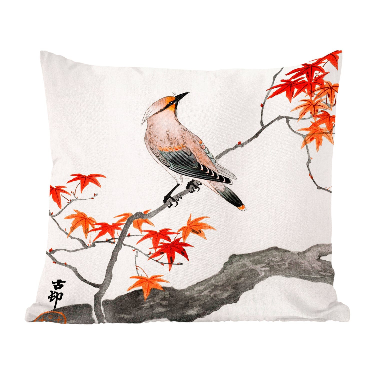 MuchoWow Dekokissen Vintage - Vogel - Baum - Japanischer Ahorn, Zierkissen mit Füllung für Wohzimmer, Schlafzimmer, Deko, Sofakissen