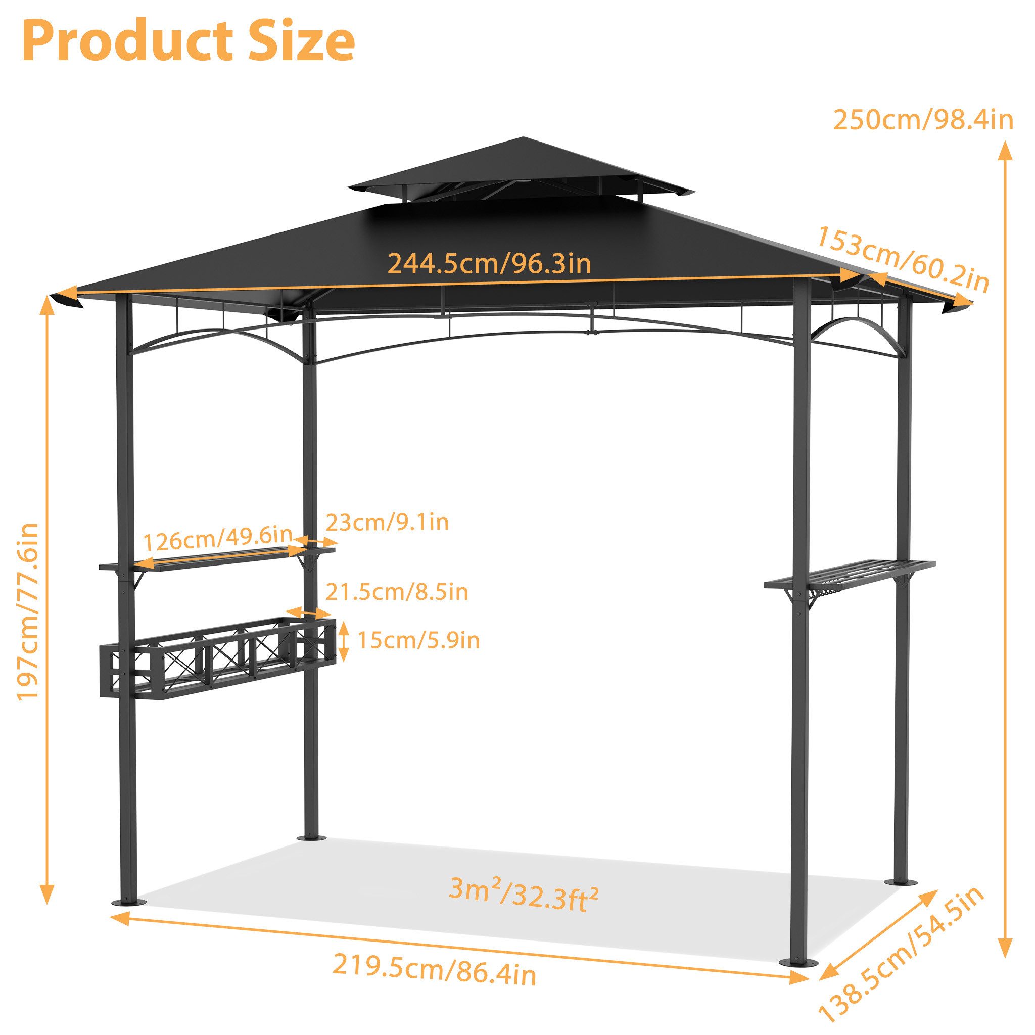 FIVMEN Grillpavillon Grillzelt mit Doppeldach & Ablagen, Schwarz, 2,45 x 1,53 m