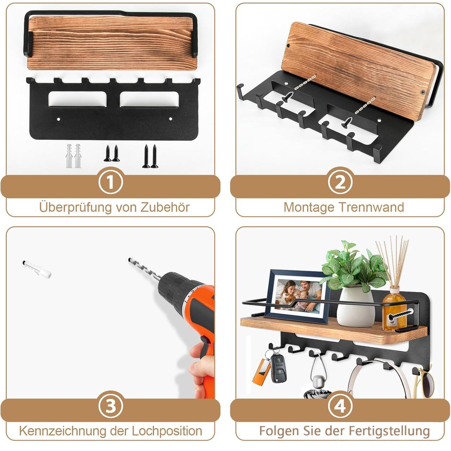Refined Living Schlüsselbrett Schlüsselbrett Holz mit Ablage Schlüsselhalter mit 7 Haken Wandregal, (Schlüsselboard Wand mit 7 Schlüsselhaken Schlusselhanger Wandorganizer, 1 St., Schlüsselablage Hakenleiste Schlüssel Aufbewahrung Schlüsselleiste), Wandgarderobe für Büro, Flur, Eingang, Schlafzimmer, Küche, Badezimmer