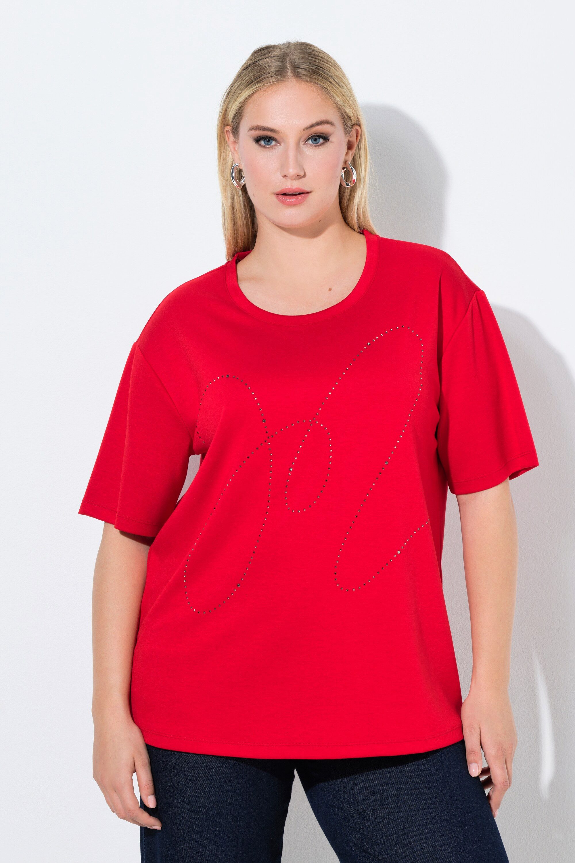 Ulla Popken Sweatshirt Sweatshirt Ziersteine Rundhals Halbarm Modalmix