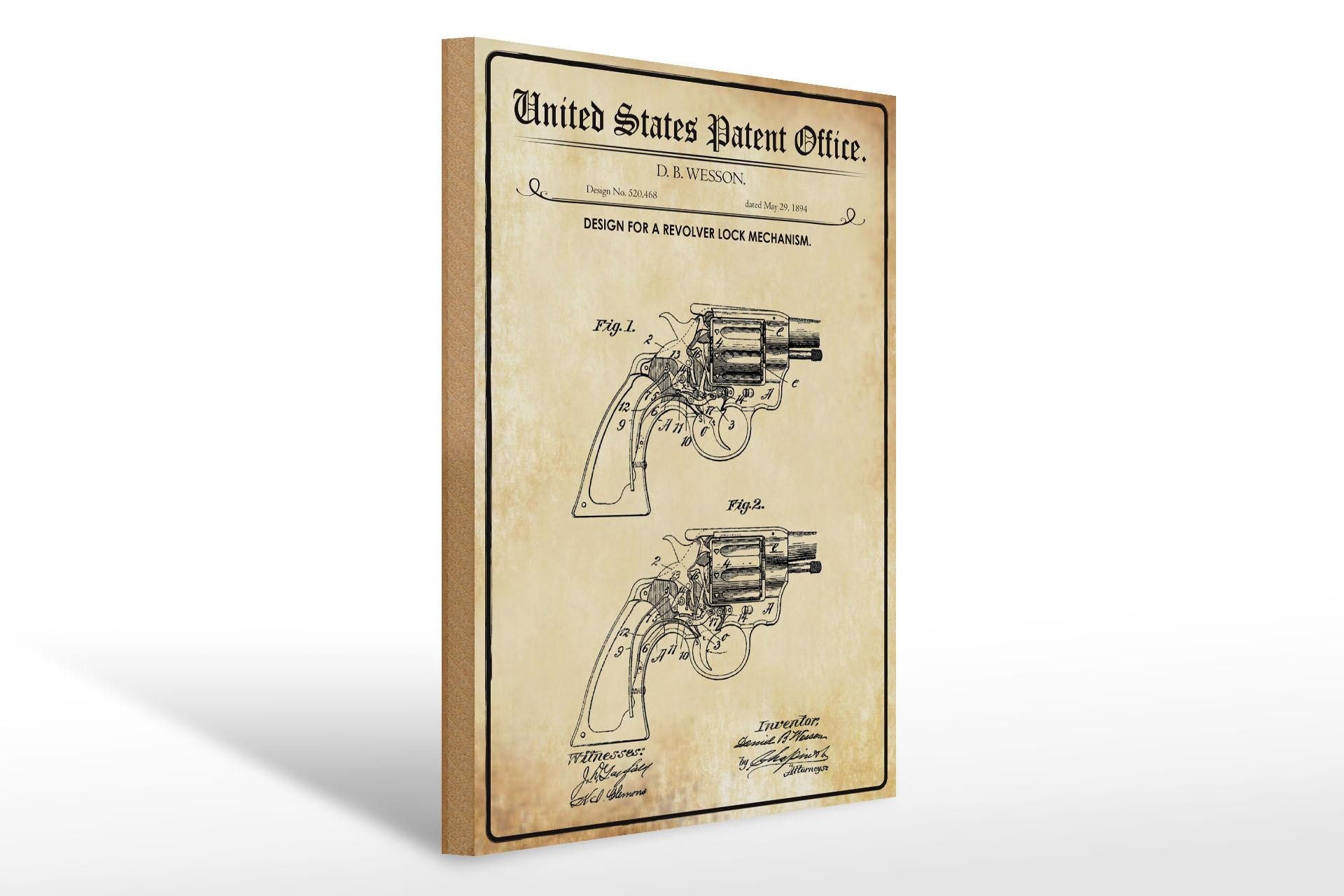 Femer GmbH Holzbild Patent 30x40 cm Entwurf für einen Revolver-Sperrmechanismus, (1 St), Glatte Holzfaserplatte (MDF), vorn beschichtet