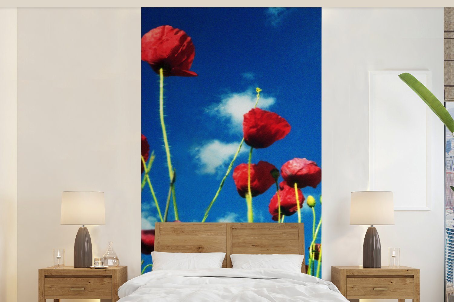 MuchoWow Fototapete Mohnblumen für einen blauen Himmel, Matt, bedruckt, (2 St), Vliestapete für Wohnzimmer Schlafzimmer Küche, Fototapete