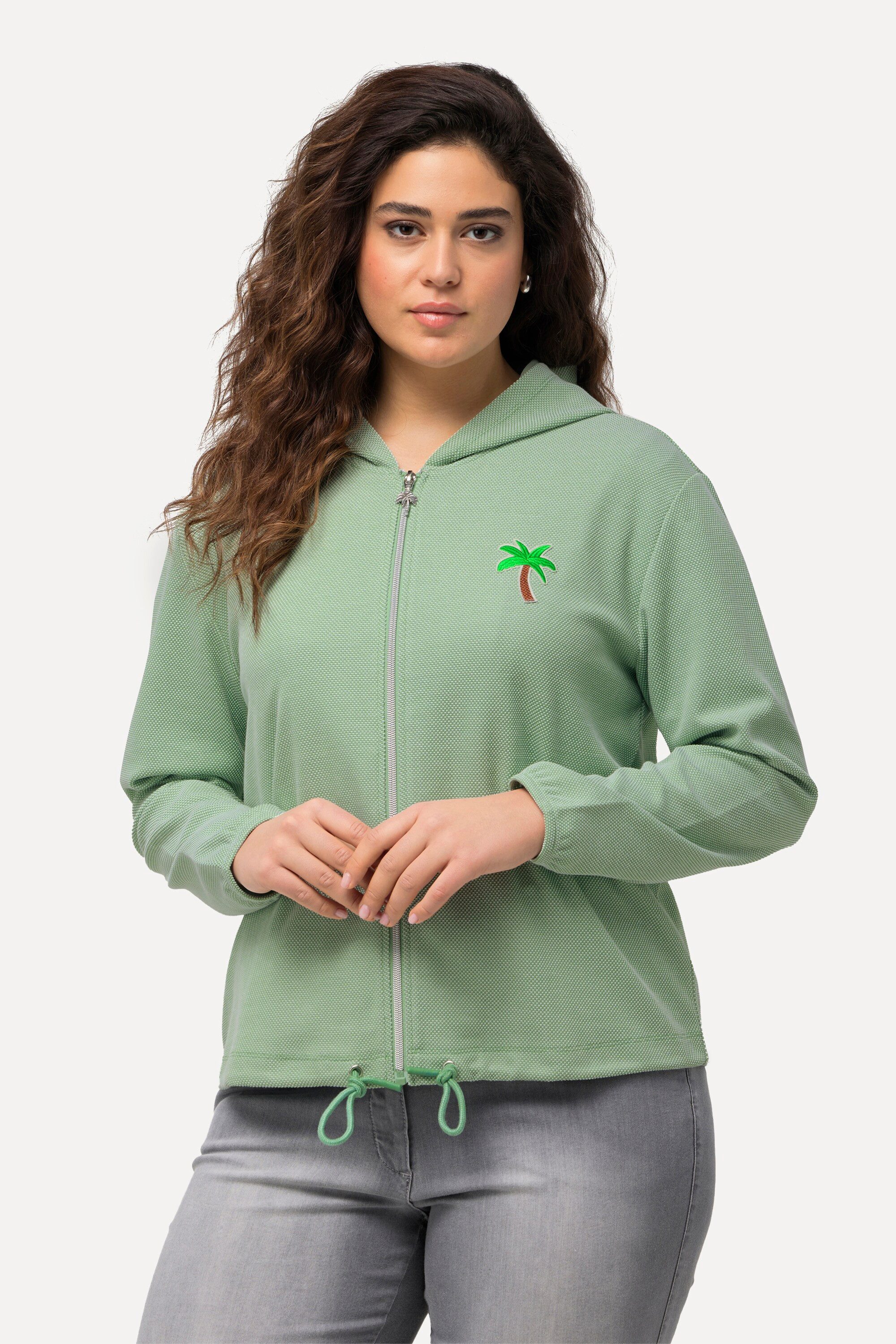 Sweatjacke Sweatjacke Piqué-Struktur Kapuze Kaktus-Stickerei