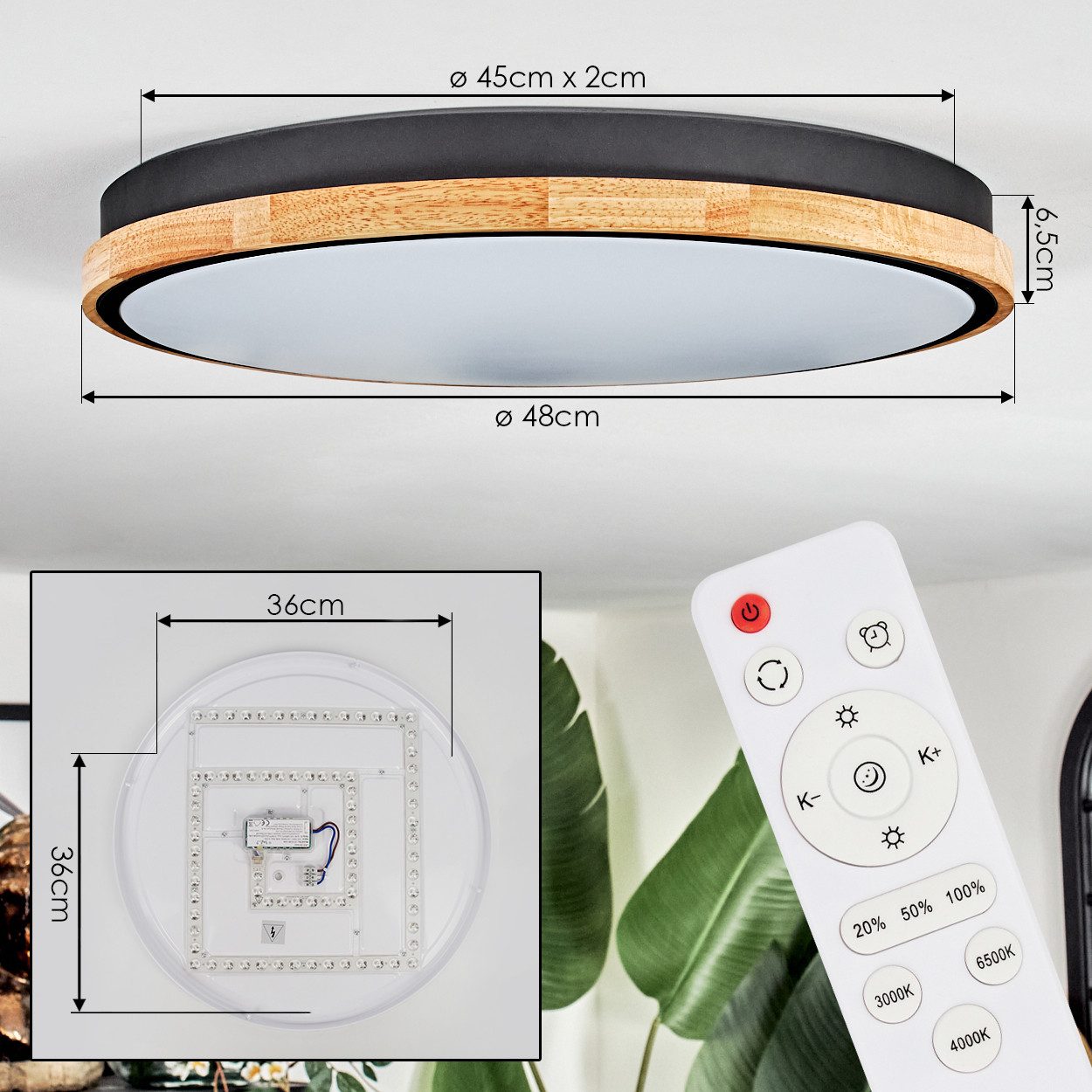 hofstein Panel Deckenlampe aus Metall/Kunststoff/Holz in Schwarz/Natur, Fernbedienung, LED wechselbar, 3000-6500 Kelvin, dimmbare Deckenleuchte im modernen Desi – Bild 4 von 5
