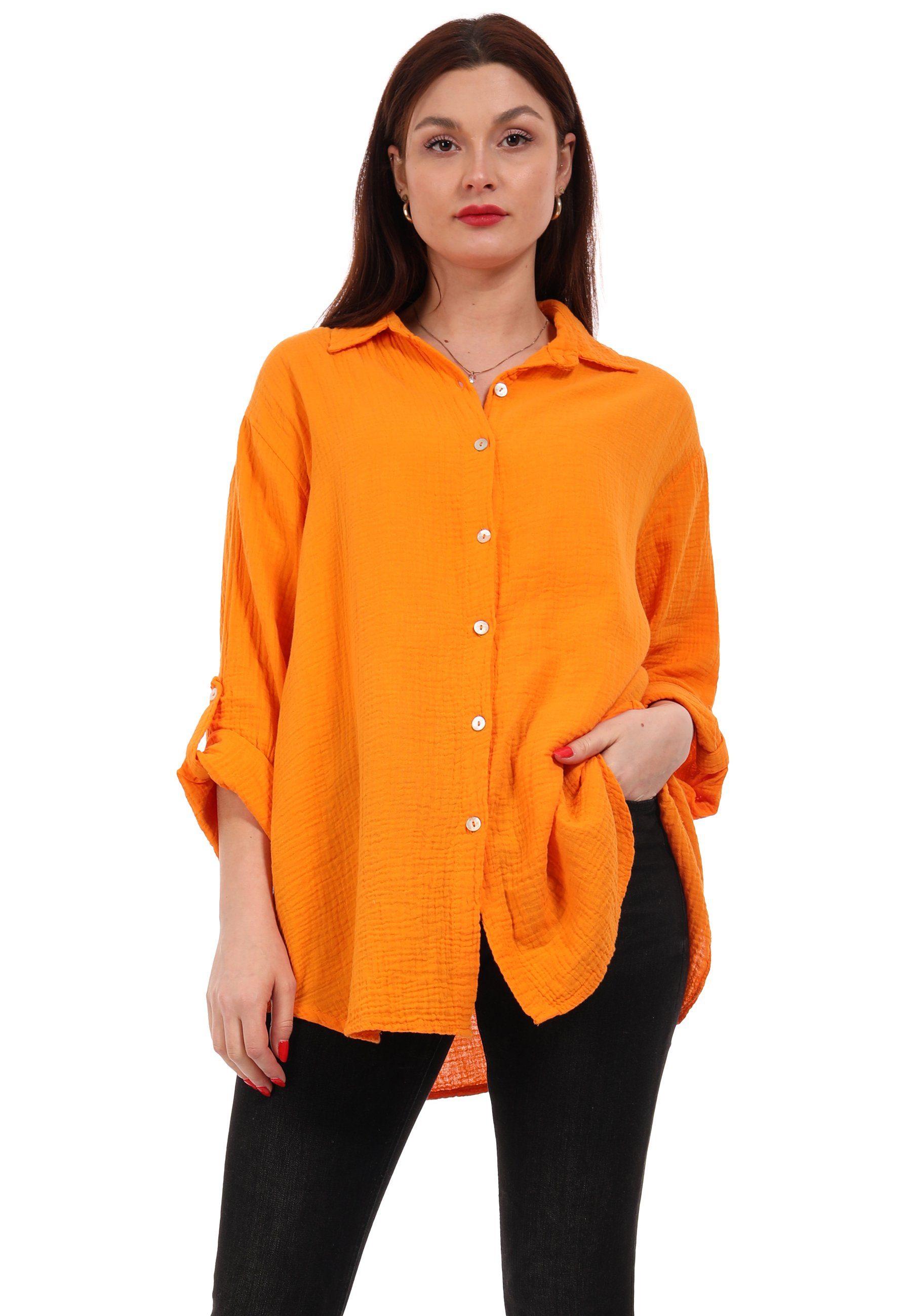 YC Fashion & Style Longbluse Bluse Oversized Longbluse Herrlich weicher Musselin in vielen Farben (1-tlg) Langarm Kragen Uni orange