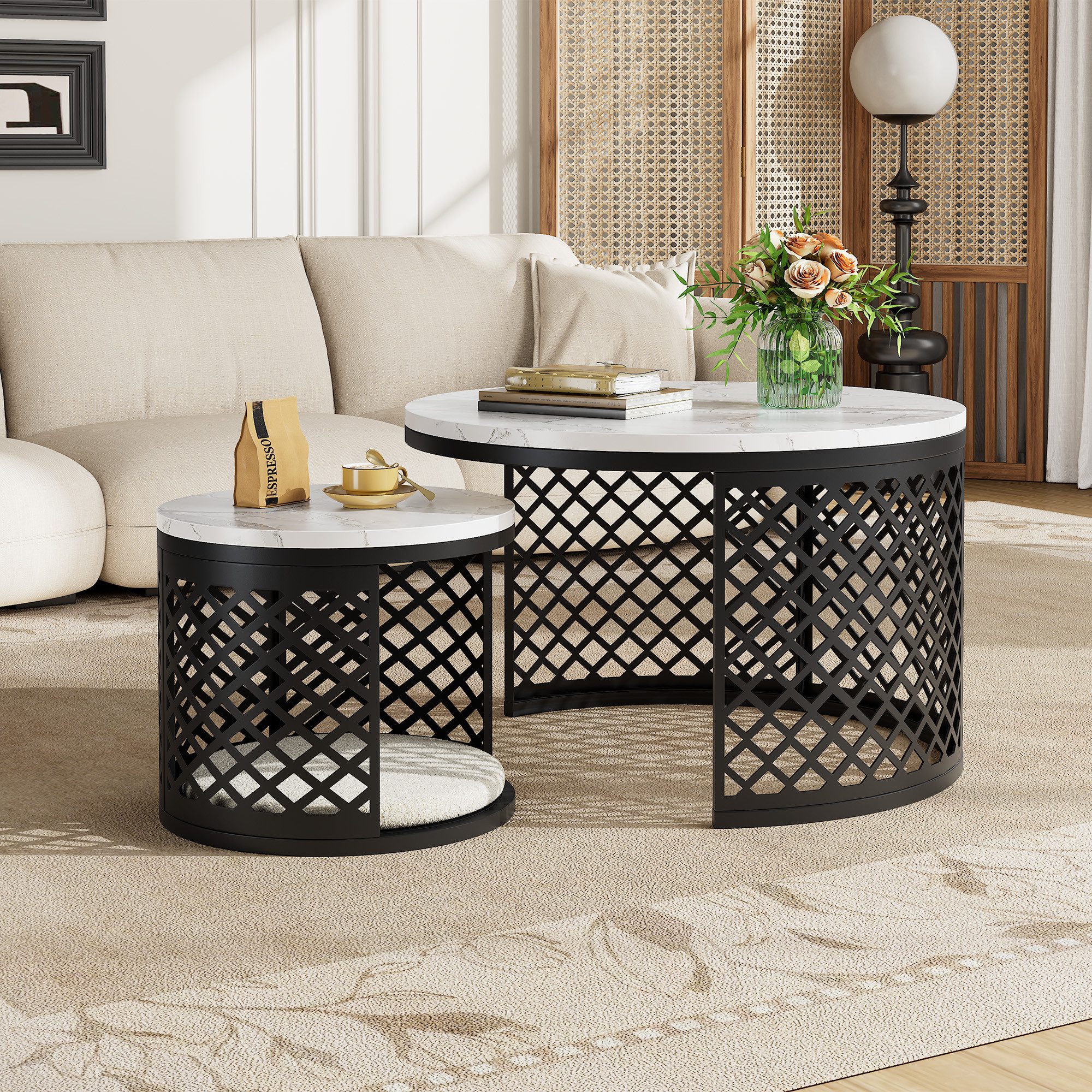 HAUSS SPOLE Couchtisch rund 2-teilig,Kaffeetisch Beistelltisch mit Marmoroptik Tischplatte (Sofatisch Beistelltisch 2-in-1 Design für Wohnzimmer, 70×70×45 und 45×45×35), Nesting System Ablagetisch mit Marmoropti