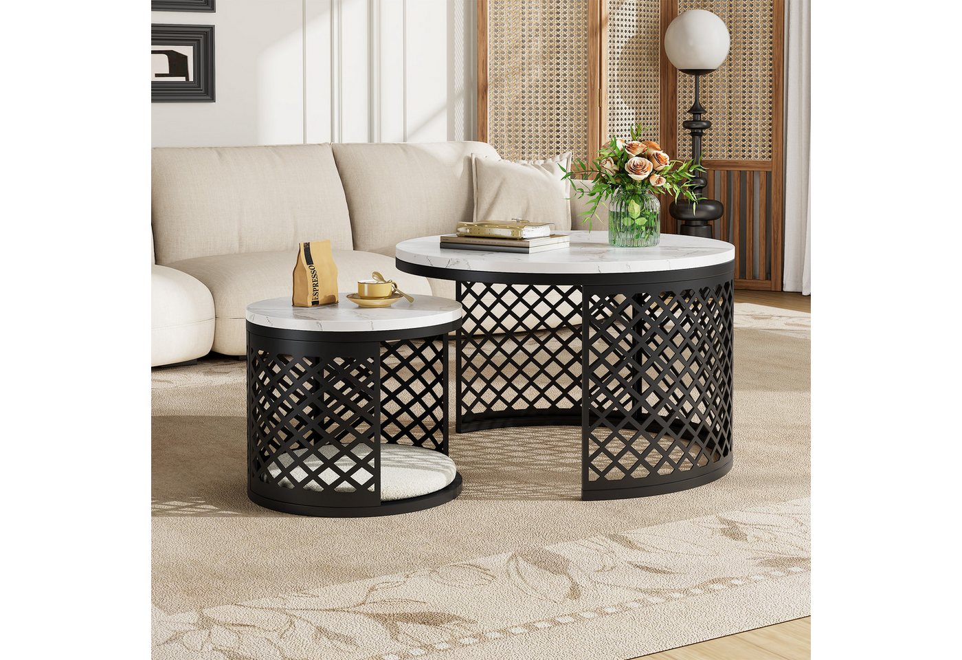 HAUSS SPOLE Couchtisch rund 2-teilig,Kaffeetisch Beistelltisch mit Marmoroptik Tischplatte (Sofatisch Beistelltisch 2-in-1 Design für Wohnzimmer, 70×70×45 und 45×45×35), Nesting System Ablagetisch mit Marmoropti