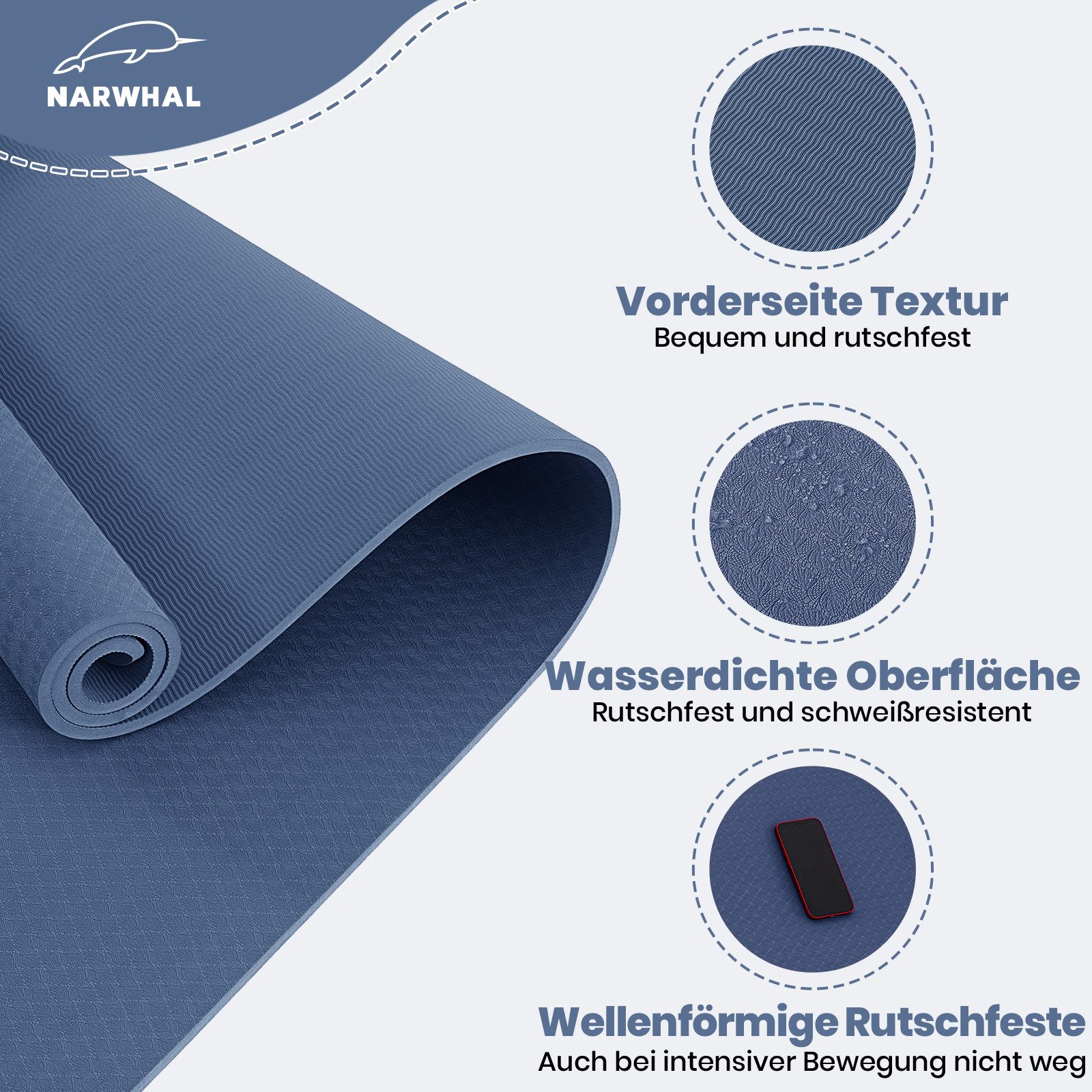 Good Nite Yogamatte Gymnastikmatten mit Tragegurt – 10 mm dick, 183x61 cm (1-St), rutschfest, komfortabel, 183x61x1 cm – Bild 4 von 5