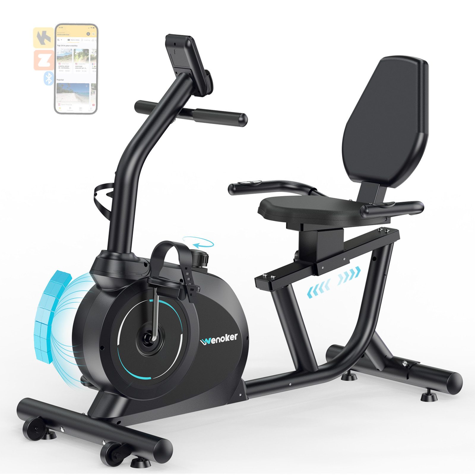 Wenoker Heimtrainer Liege-Heimtrainer mit 16-stufigem Magnetwiderstand (1-tlg., Leiser Betrieb, LCD-Display, Herzfrequenzsensor, Tablet-Halterung), Zwift-/Kinomap-Kompatibilität, verstellbarer Sitz, bis 160 kg